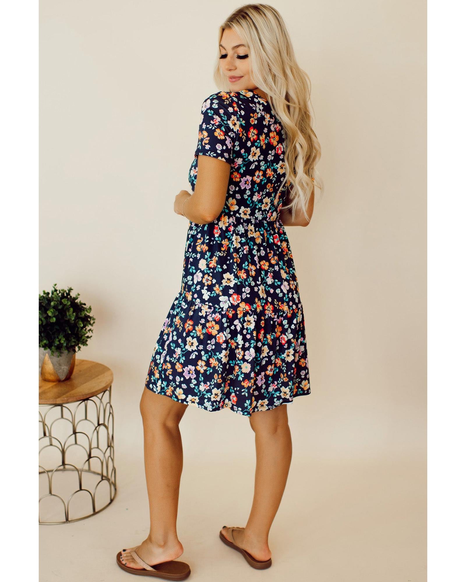Blue Short Sleeve A-line Floral Dress - XL