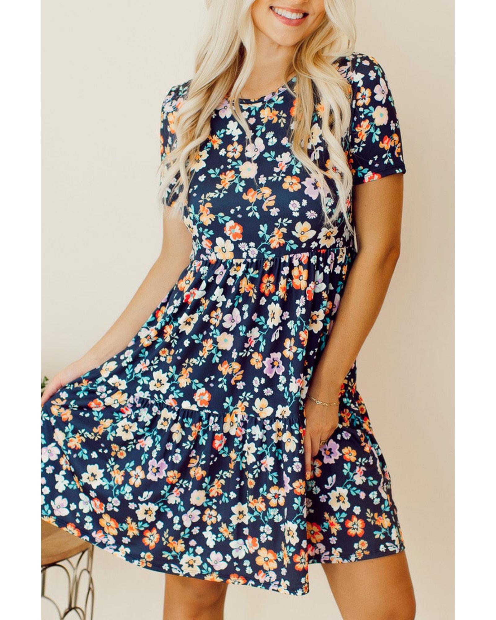 Blue Short Sleeve A-line Floral Dress - XL 3