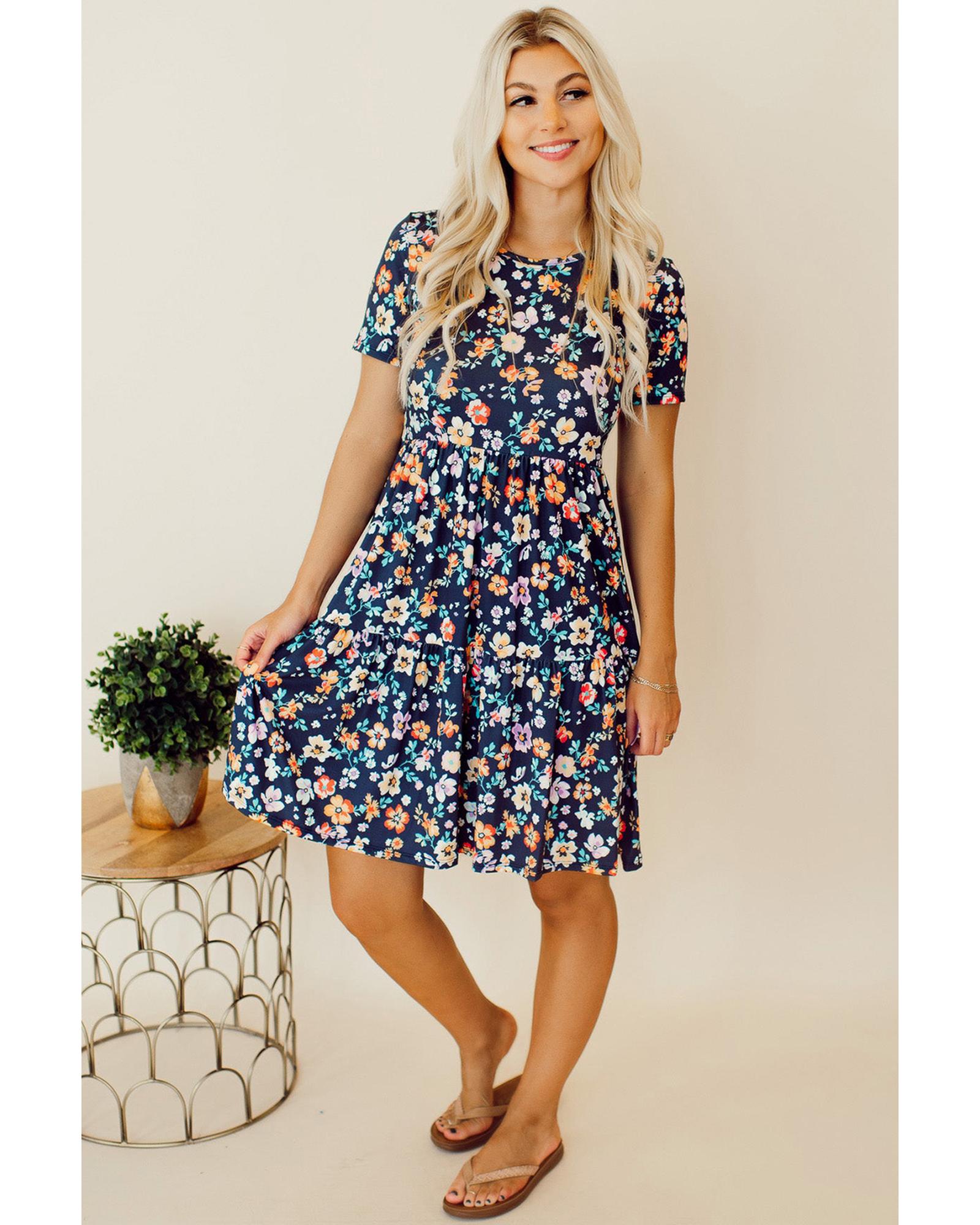 Blue Short Sleeve A-line Floral Dress - XL 5