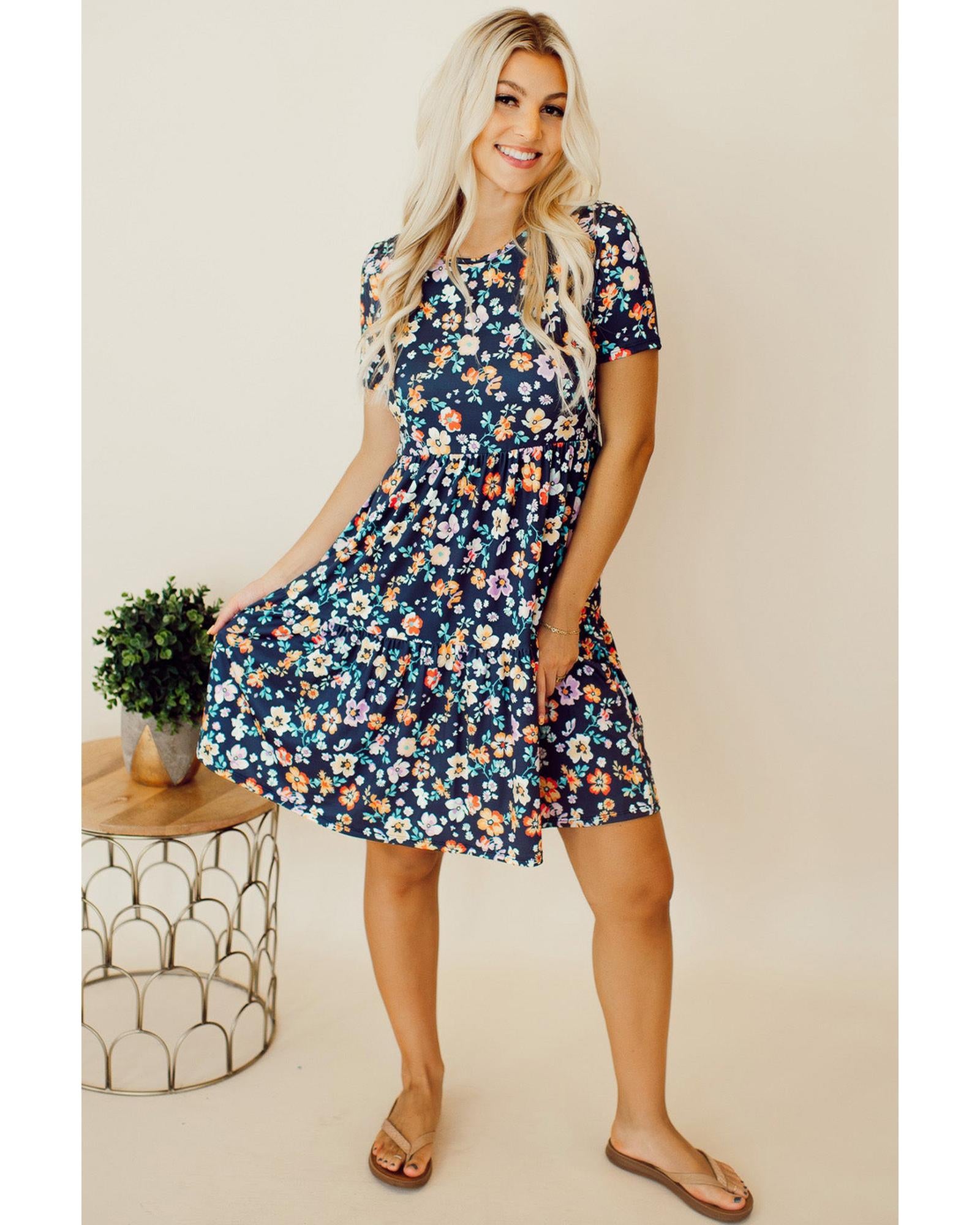 Blue Short Sleeve A-line Floral Dress - XL 6