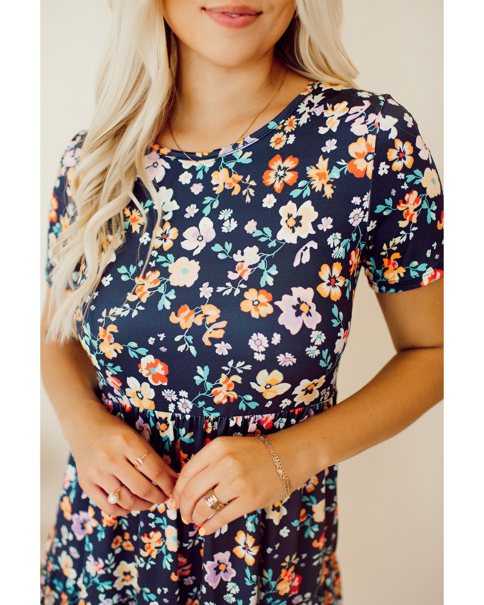 Blue Short Sleeve A-line Floral Dress - XL 7