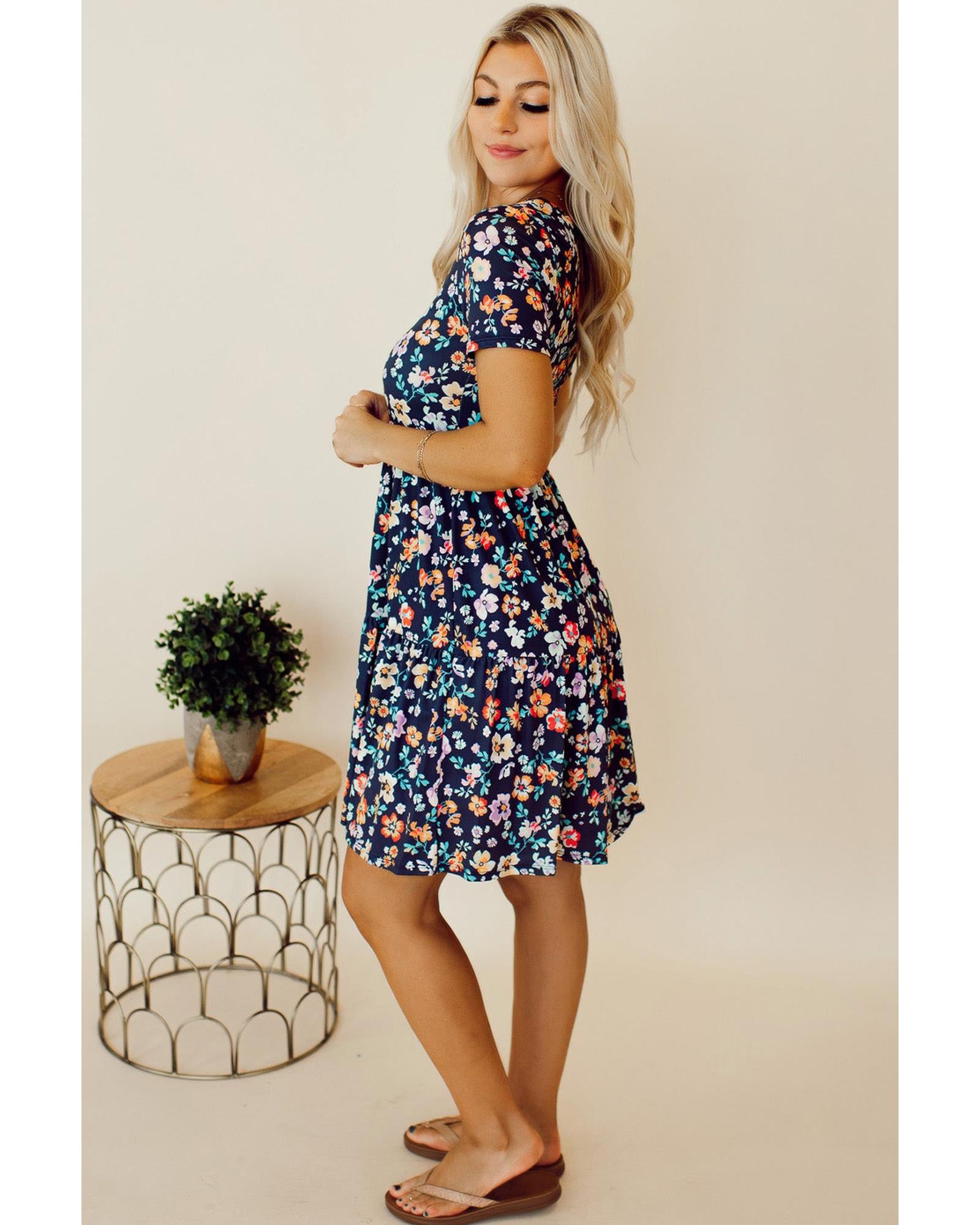 Blue Short Sleeve A-line Floral Dress - XL 8