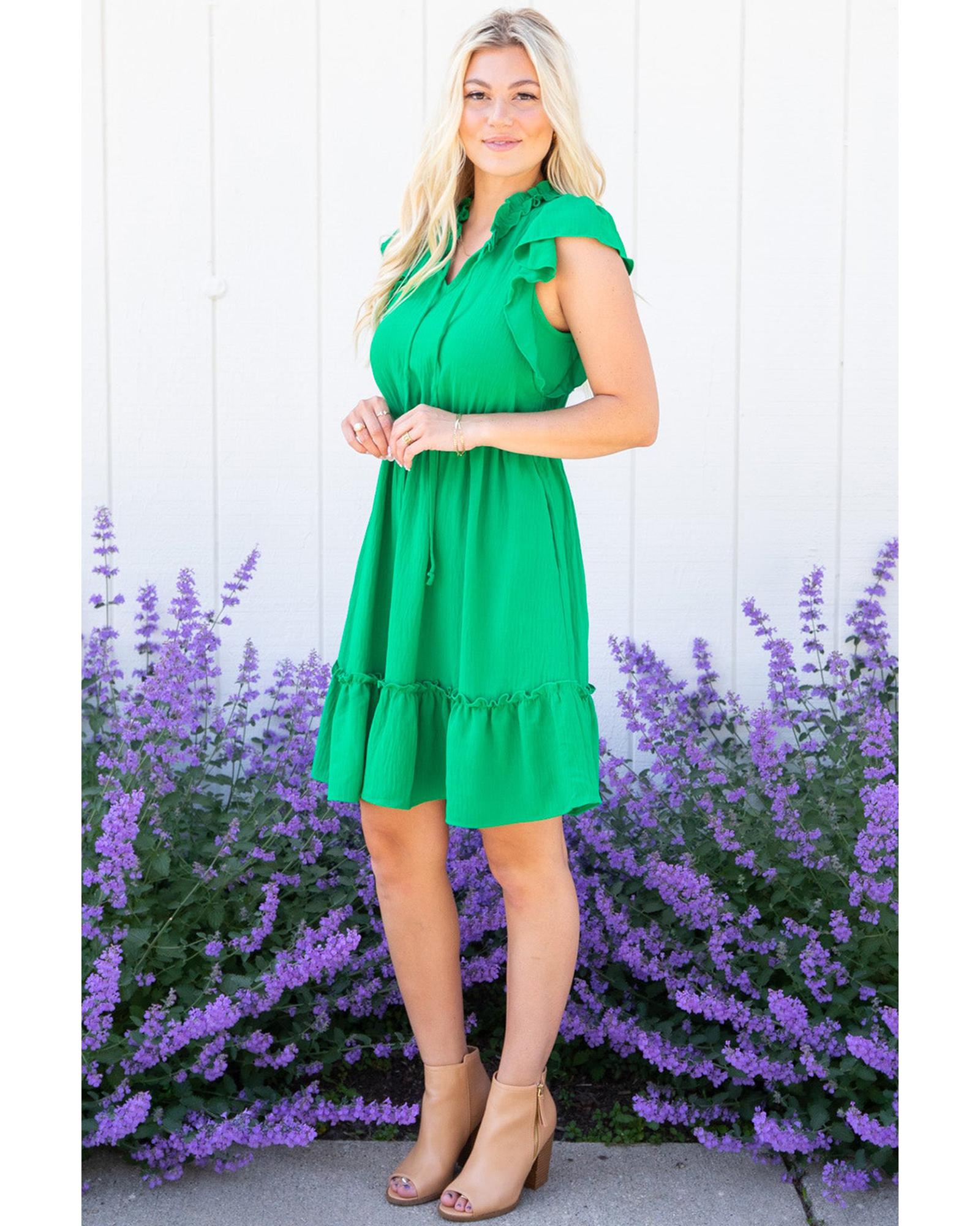 Bright Green Split V Neck Elastic Waist Ruffled Dress - L