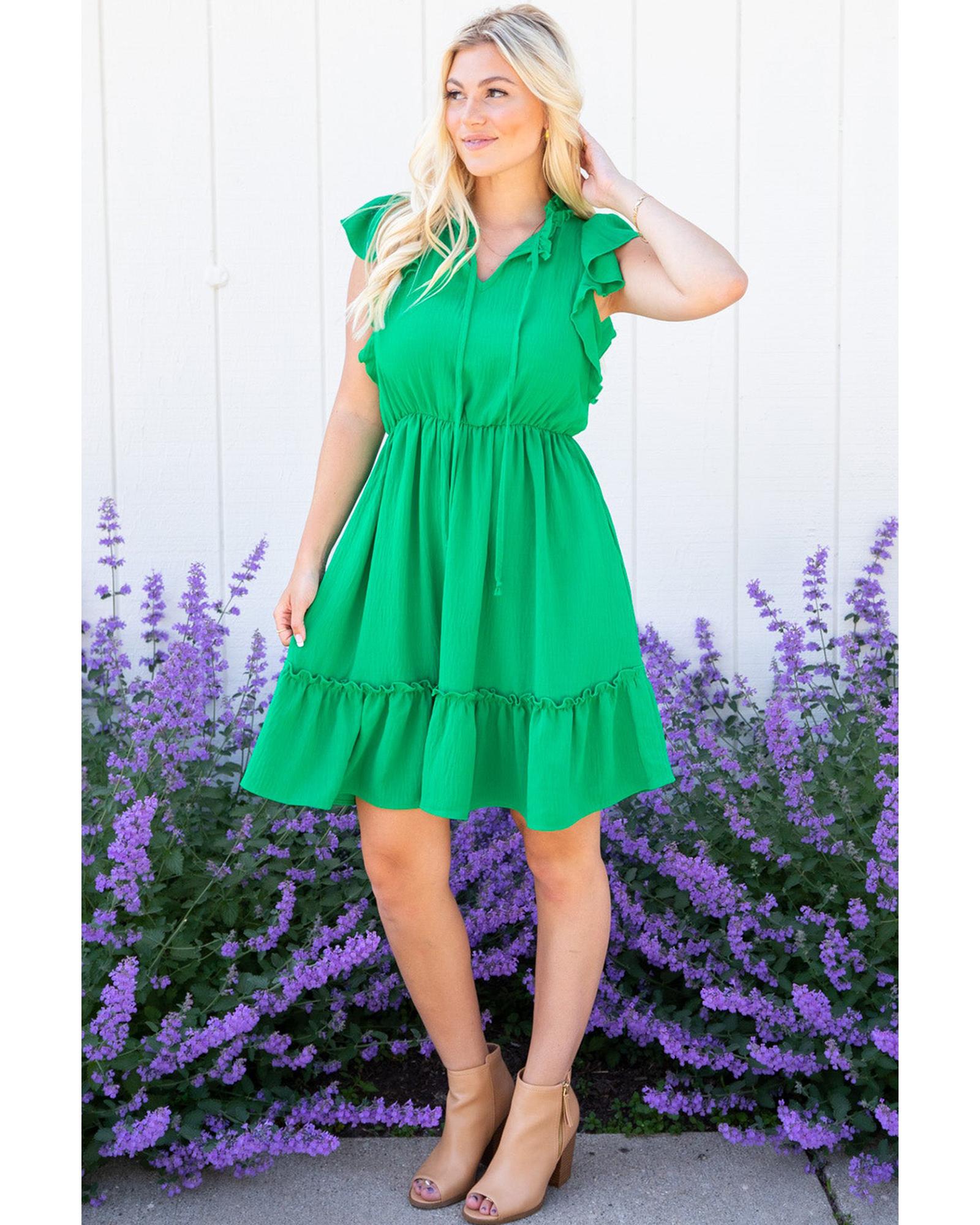 Bright Green Split V Neck Elastic Waist Ruffled Dress - L 3