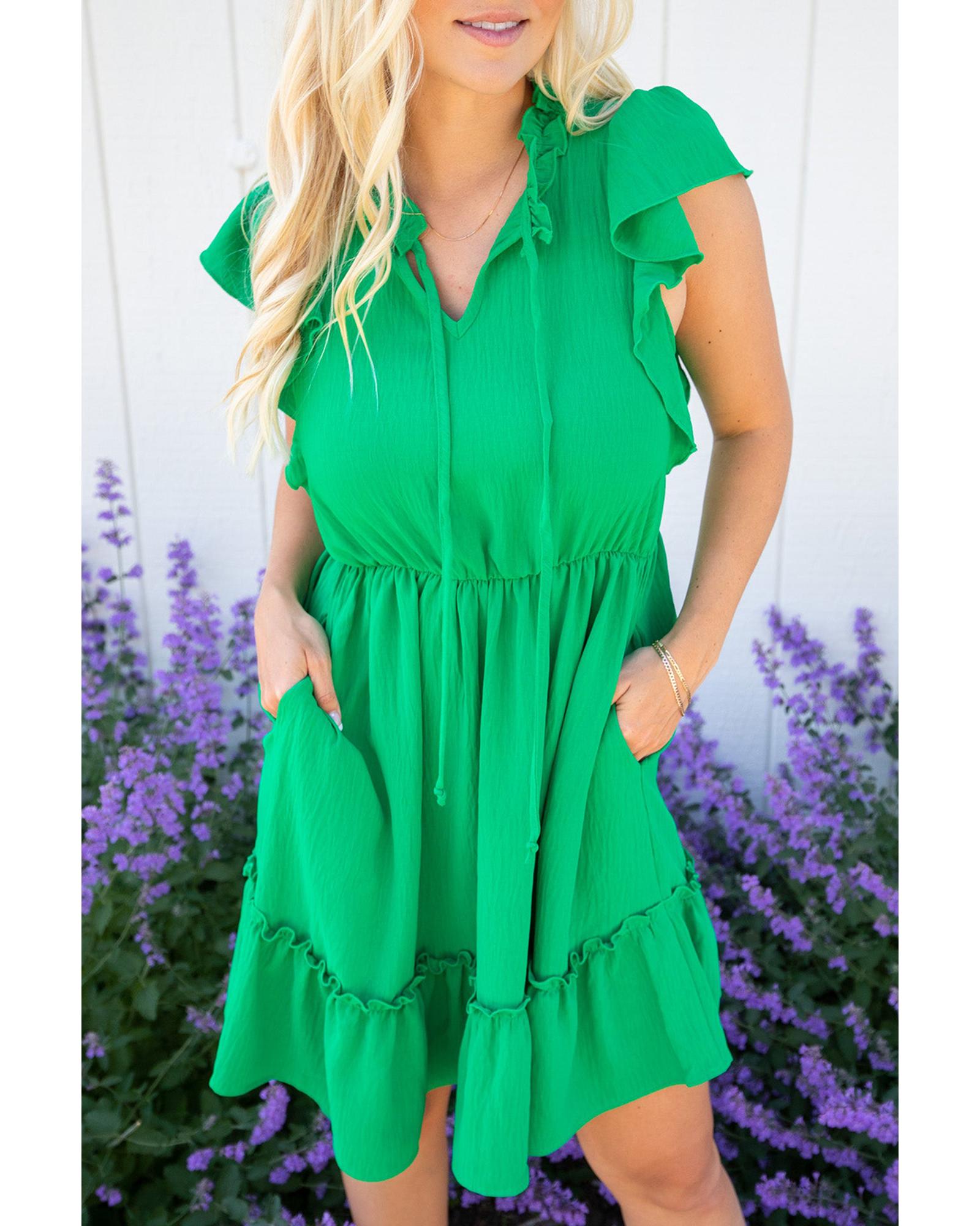 Bright Green Split V Neck Elastic Waist Ruffled Dress - L 4