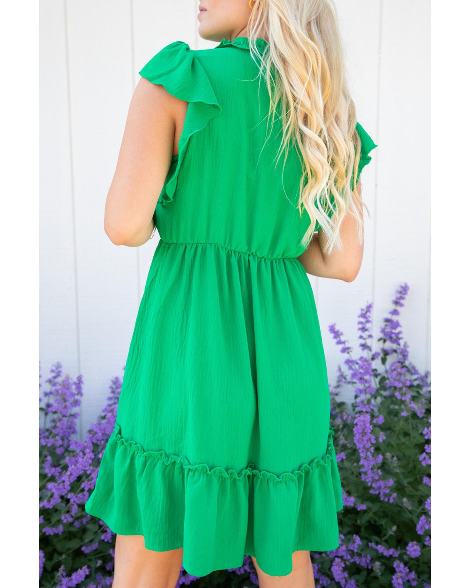 Bright Green Split V Neck Elastic Waist Ruffled Dress - XL