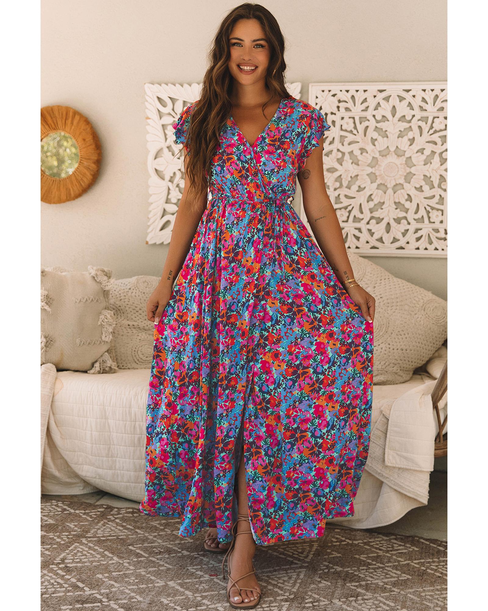 Blue Floral Print V Neck Wrap Split Maxi Dress - M