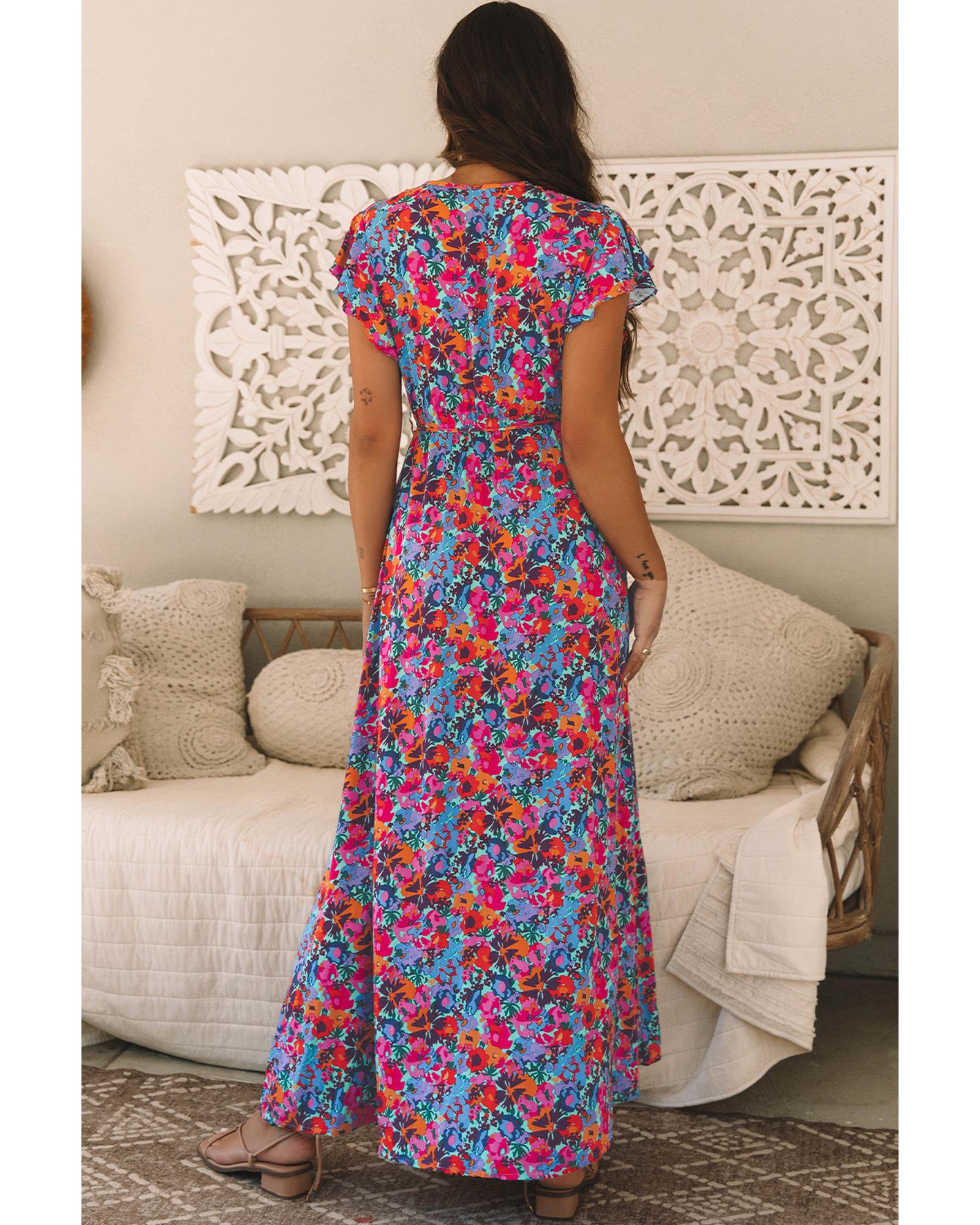 Blue Floral Print V Neck Wrap Split Maxi Dress - M