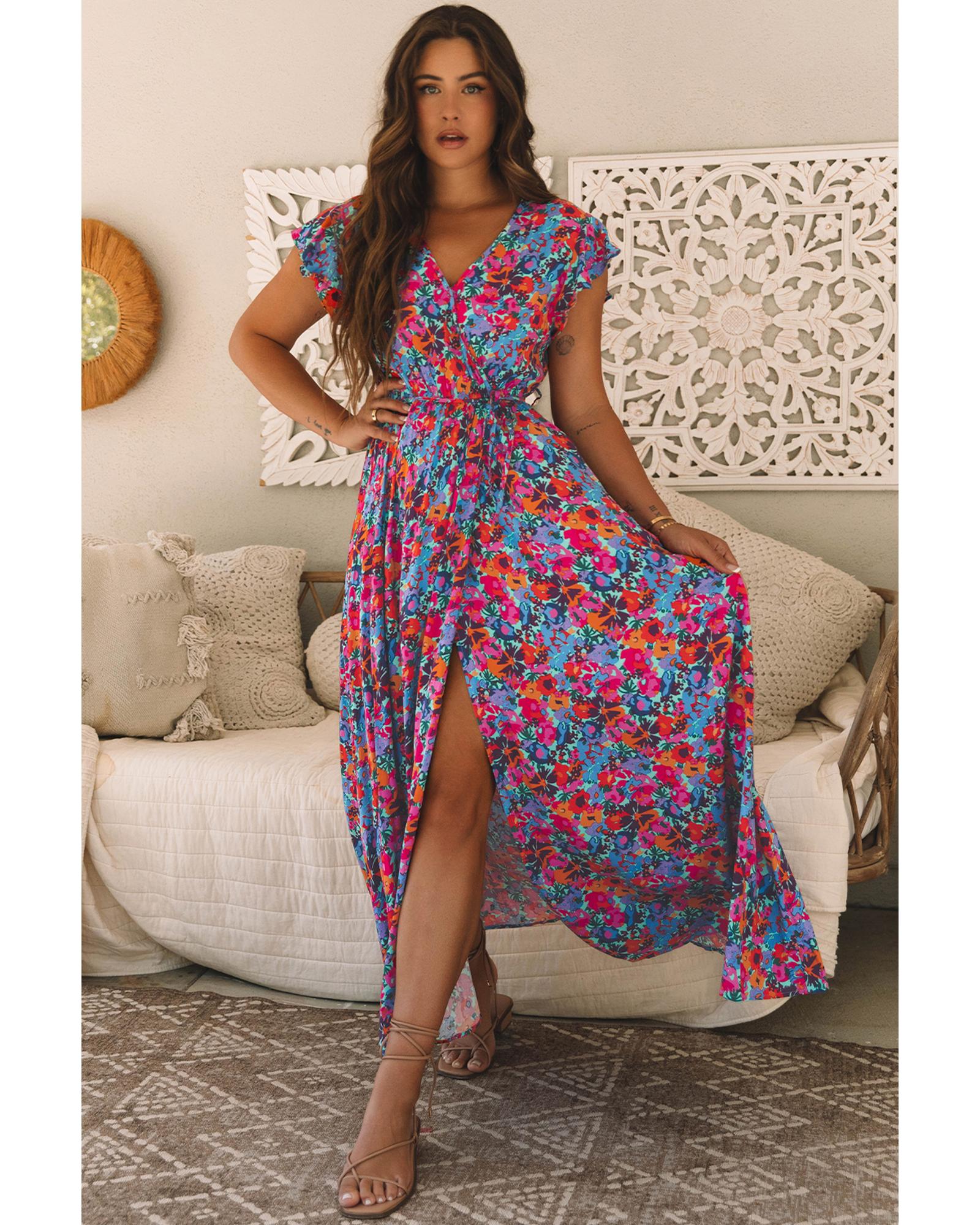 Blue Floral Print V Neck Wrap Split Maxi Dress - M 4