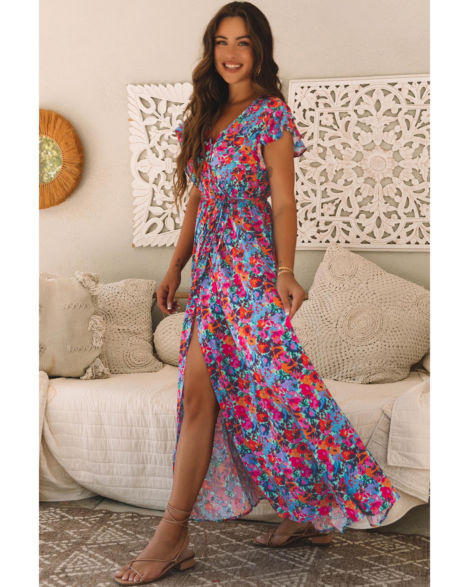 Blue Floral Print V Neck Wrap Split Maxi Dress - S 5