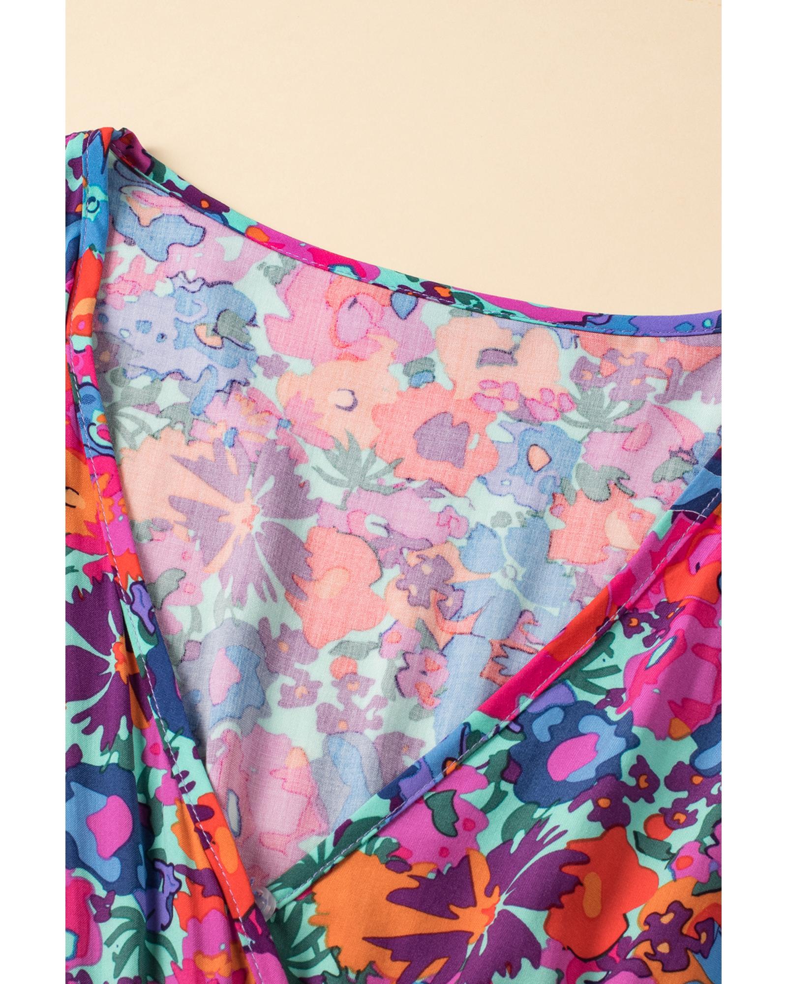 Blue Floral Print V Neck Wrap Split Maxi Dress - S 6