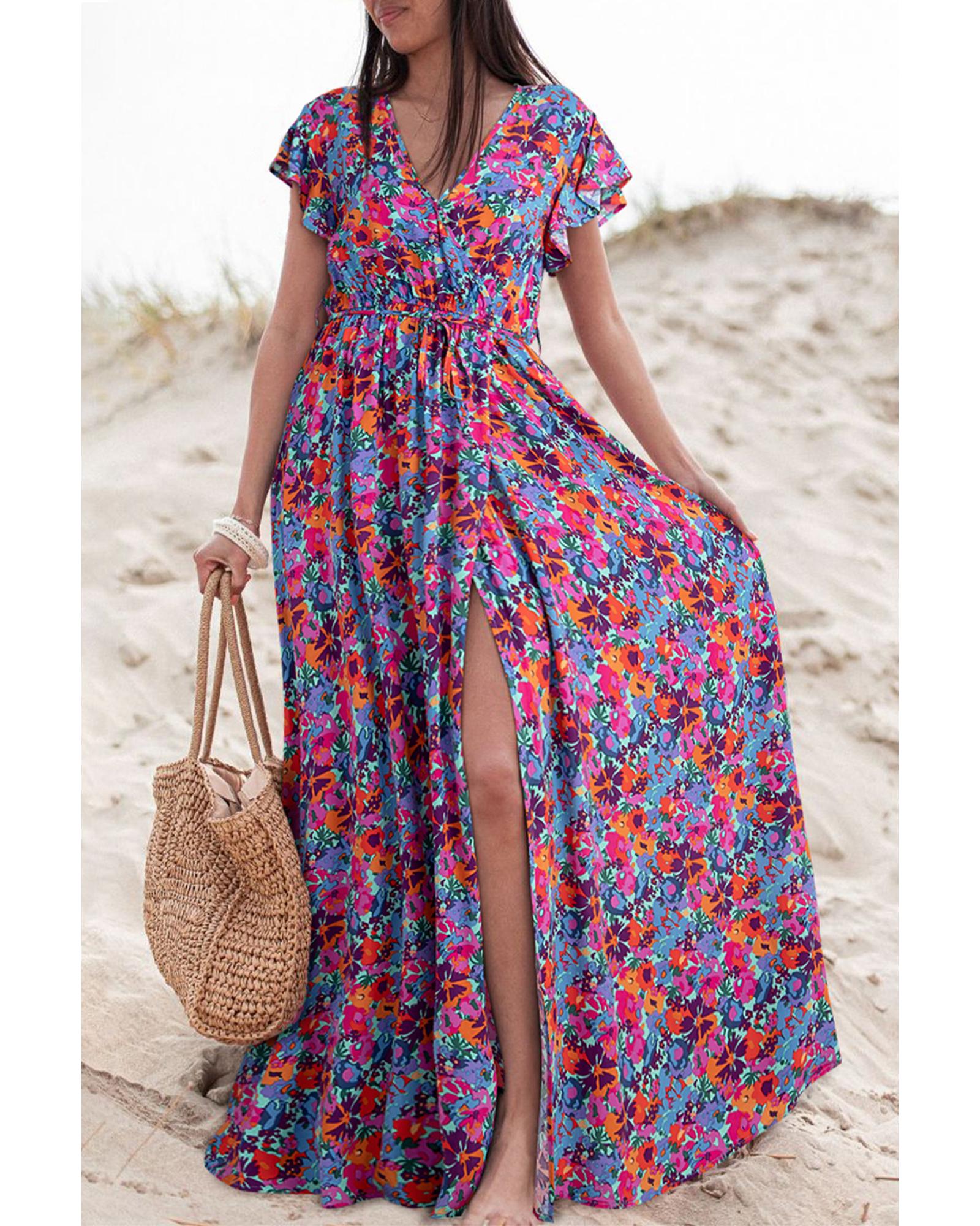 Blue Floral Print V Neck Wrap Split Maxi Dress - S 7