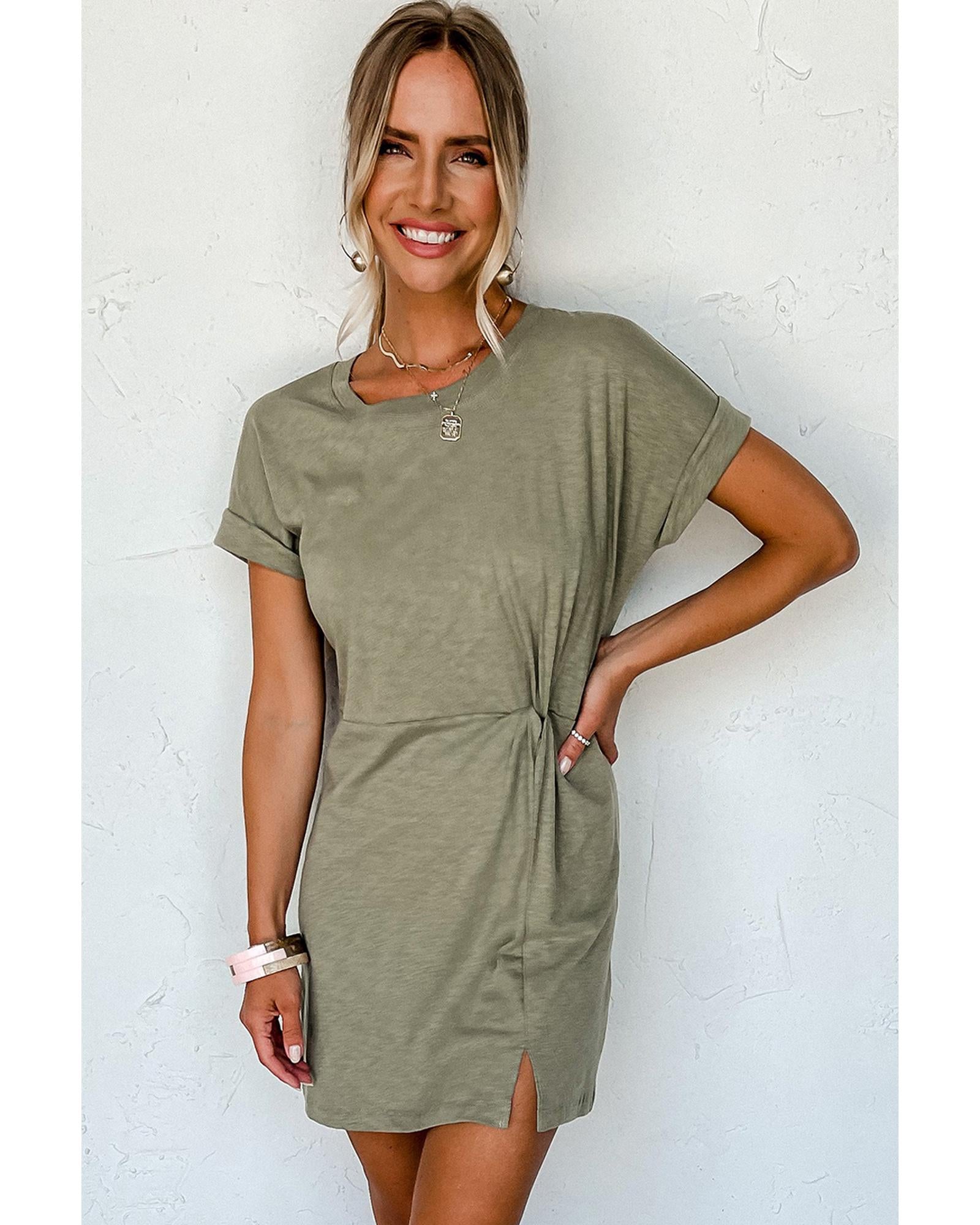 Laurel Green Folded Sleeve Twisted Mini T-Shirt Dress - L