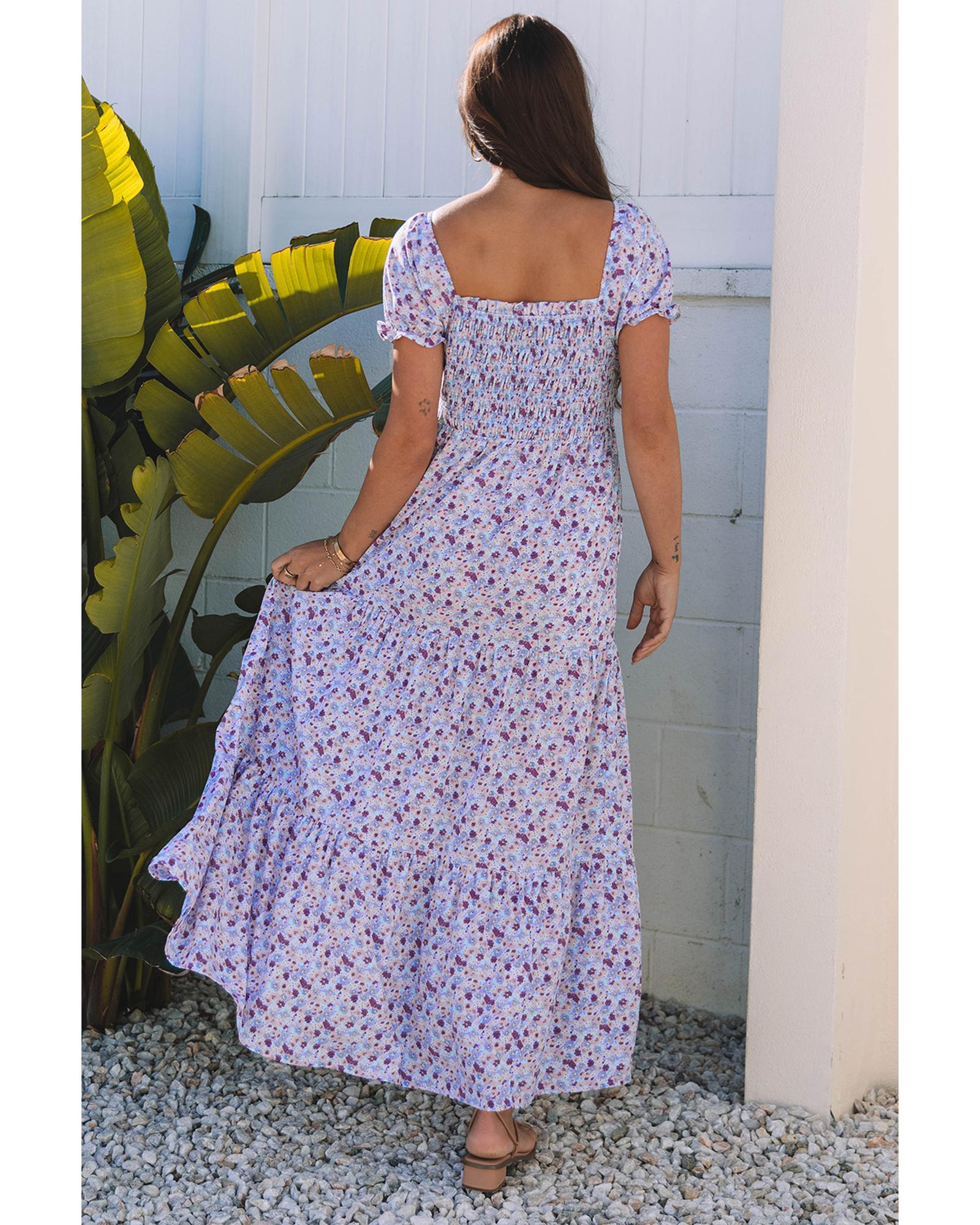 Purple Floral Short Bubble Sleeve Shirred High Waist Maxi Dress - M