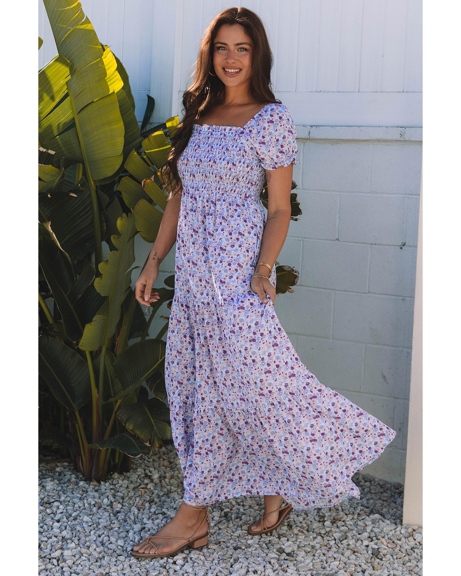 Purple Floral Short Bubble Sleeve Shirred High Waist Maxi Dress - M 3