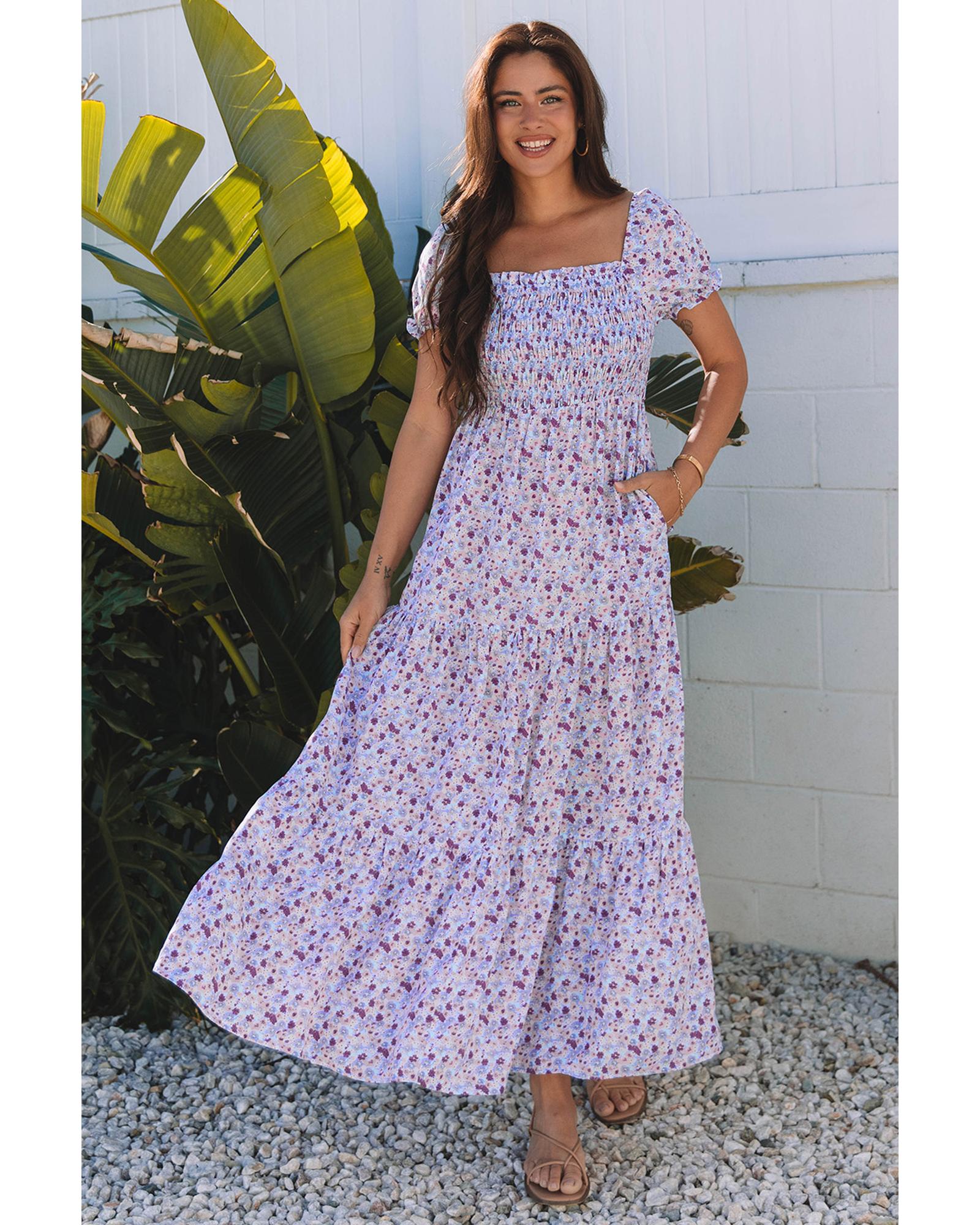 Purple Floral Short Bubble Sleeve Shirred High Waist Maxi Dress - M 5