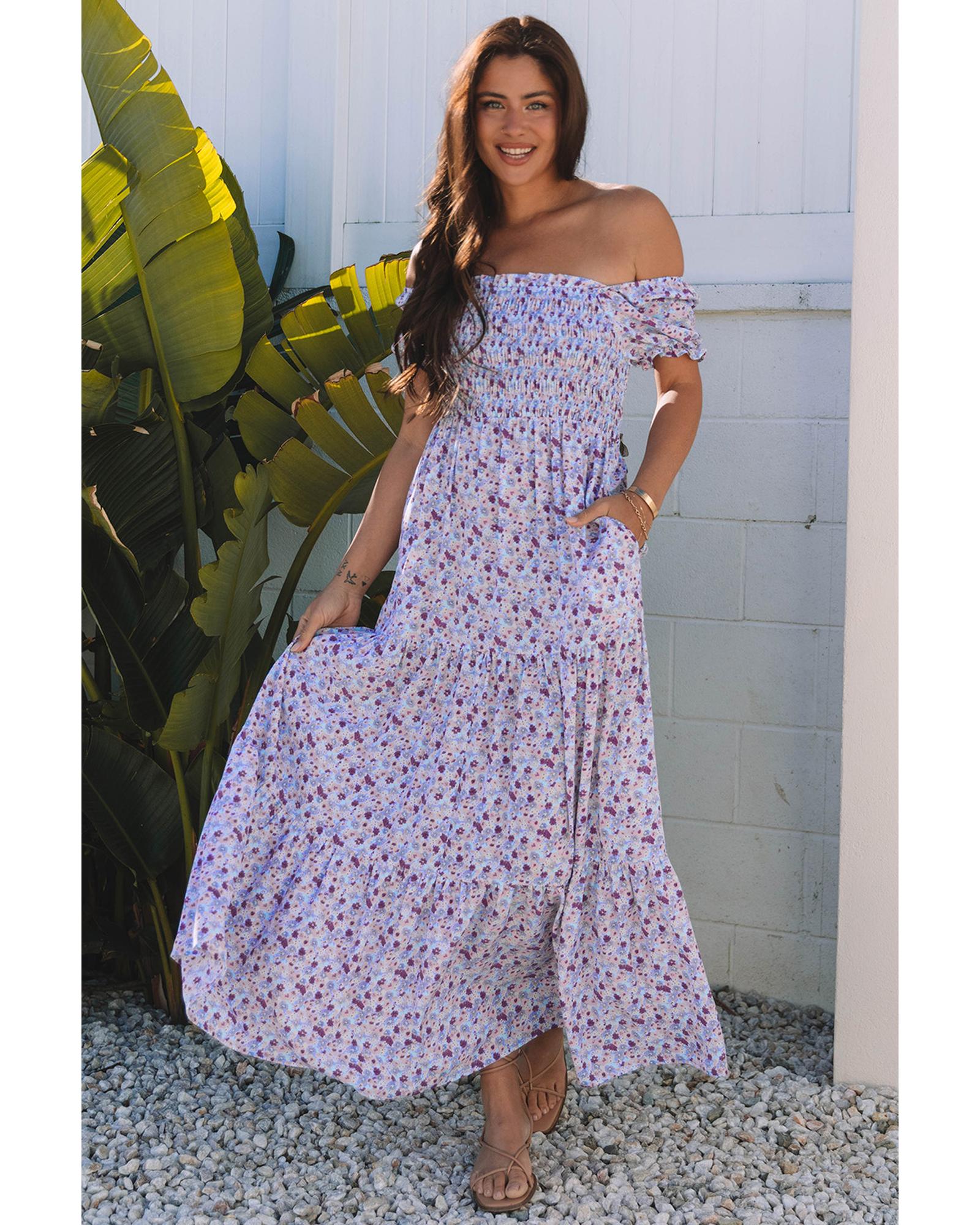 Purple Floral Short Bubble Sleeve Shirred High Waist Maxi Dress - S