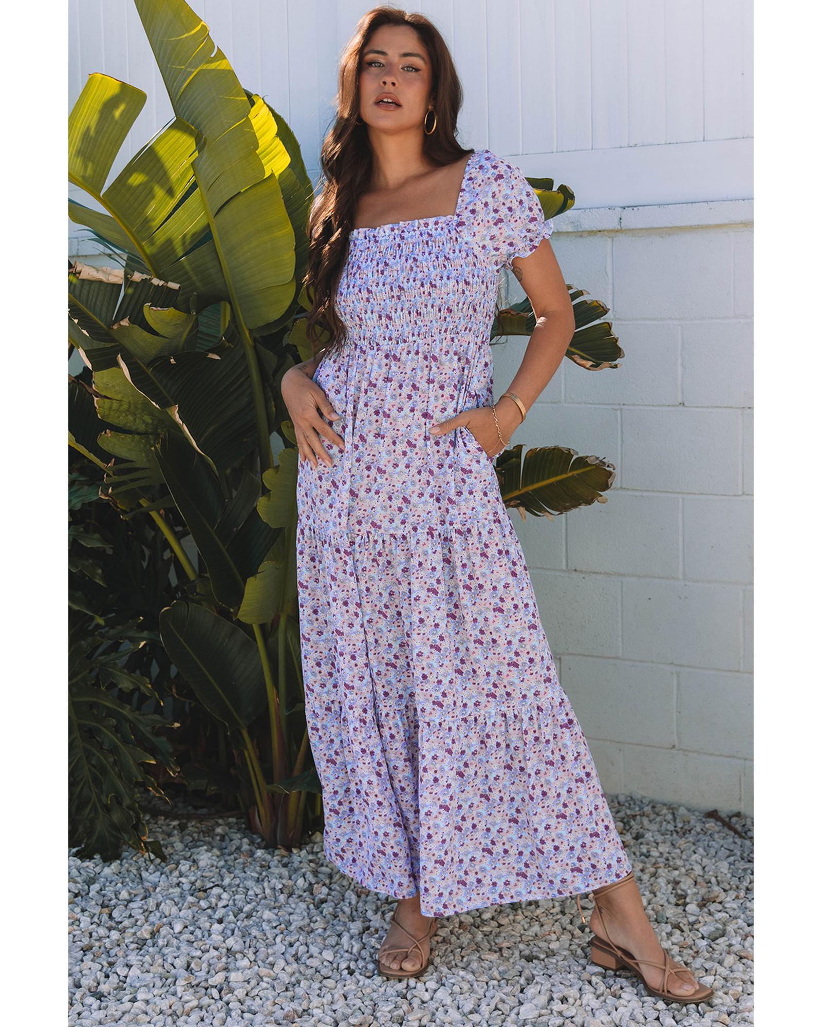 Purple Floral Short Bubble Sleeve Shirred High Waist Maxi Dress - S 4