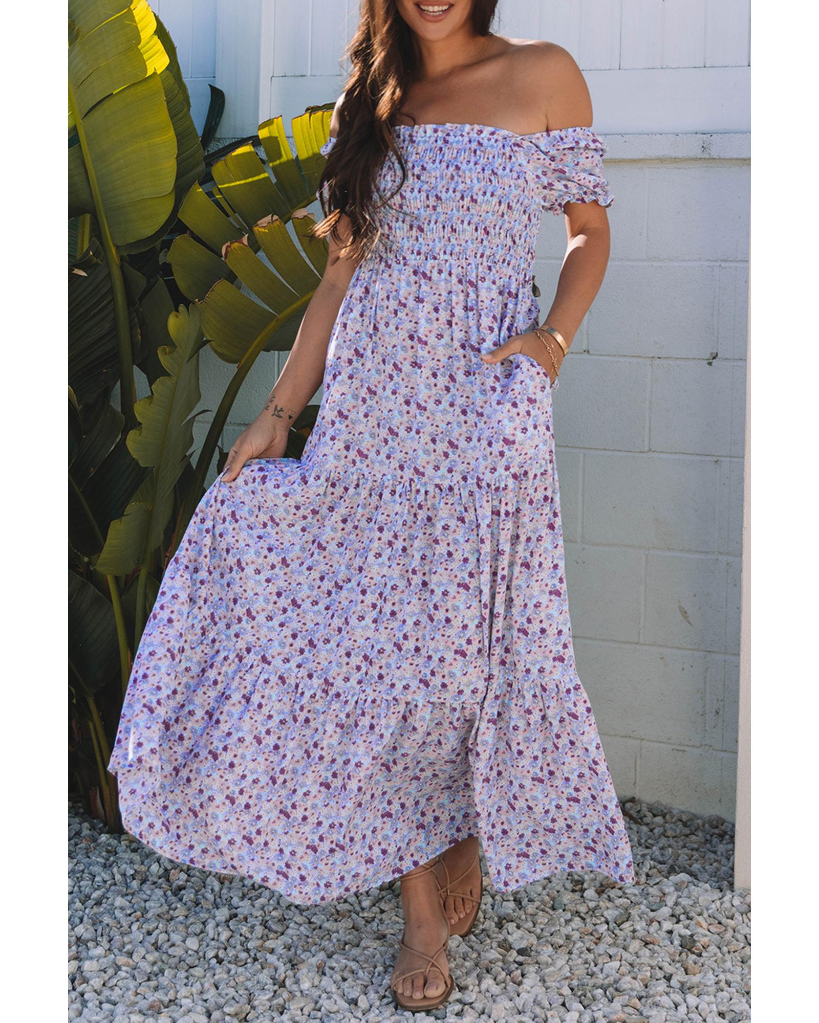 Purple Floral Short Bubble Sleeve Shirred High Waist Maxi Dress - S 6