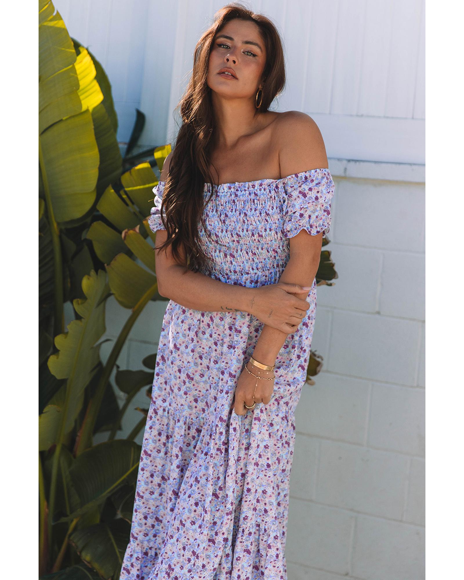 Purple Floral Short Bubble Sleeve Shirred High Waist Maxi Dress - XL 6