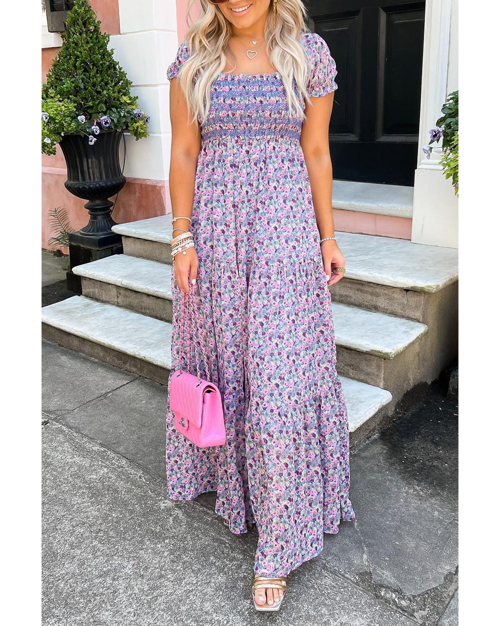 Purple Floral Short Bubble Sleeve Shirred High Waist Maxi Dress - XL 8