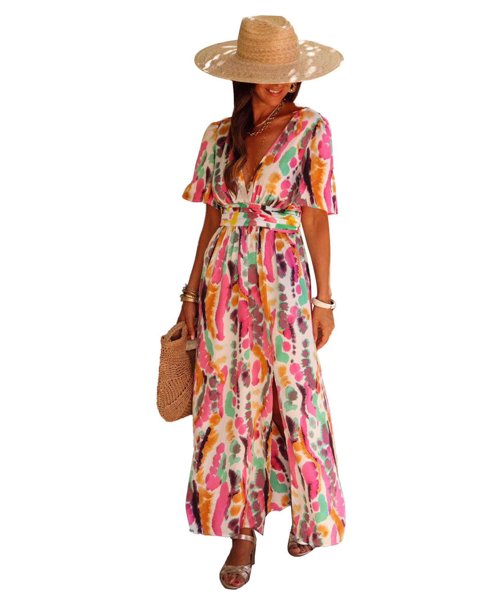 Pink Boho Tie-dye Print V Neck Maxi Dress - M 3