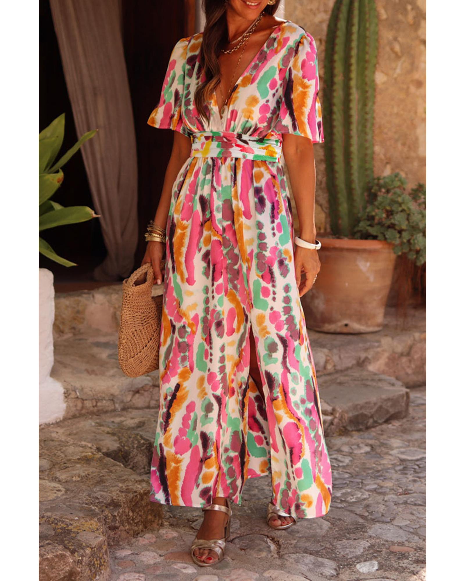 Pink Boho Tie-dye Print V Neck Maxi Dress - M 4