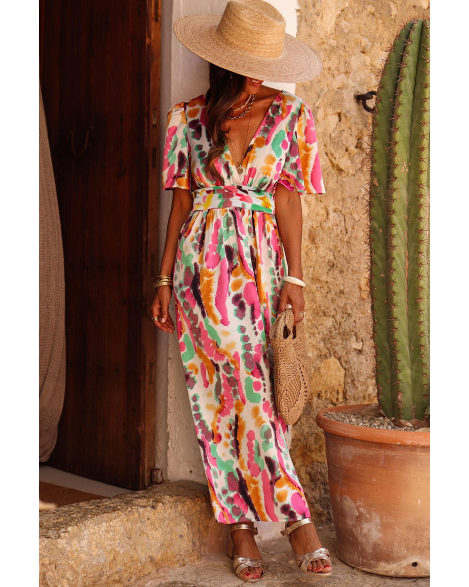 Pink Boho Tie-dye Print V Neck Maxi Dress - M 6