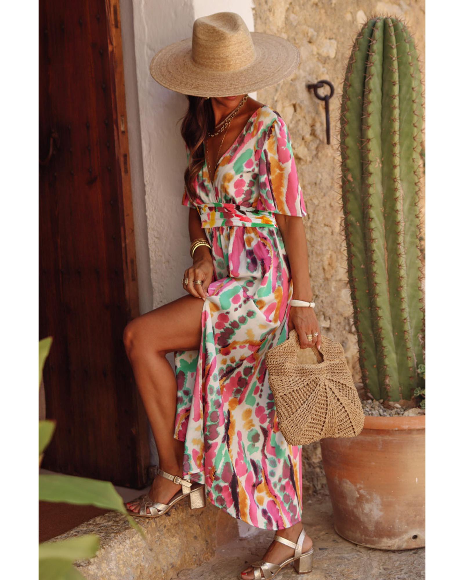 Pink Boho Tie-dye Print V Neck Maxi Dress - M 7