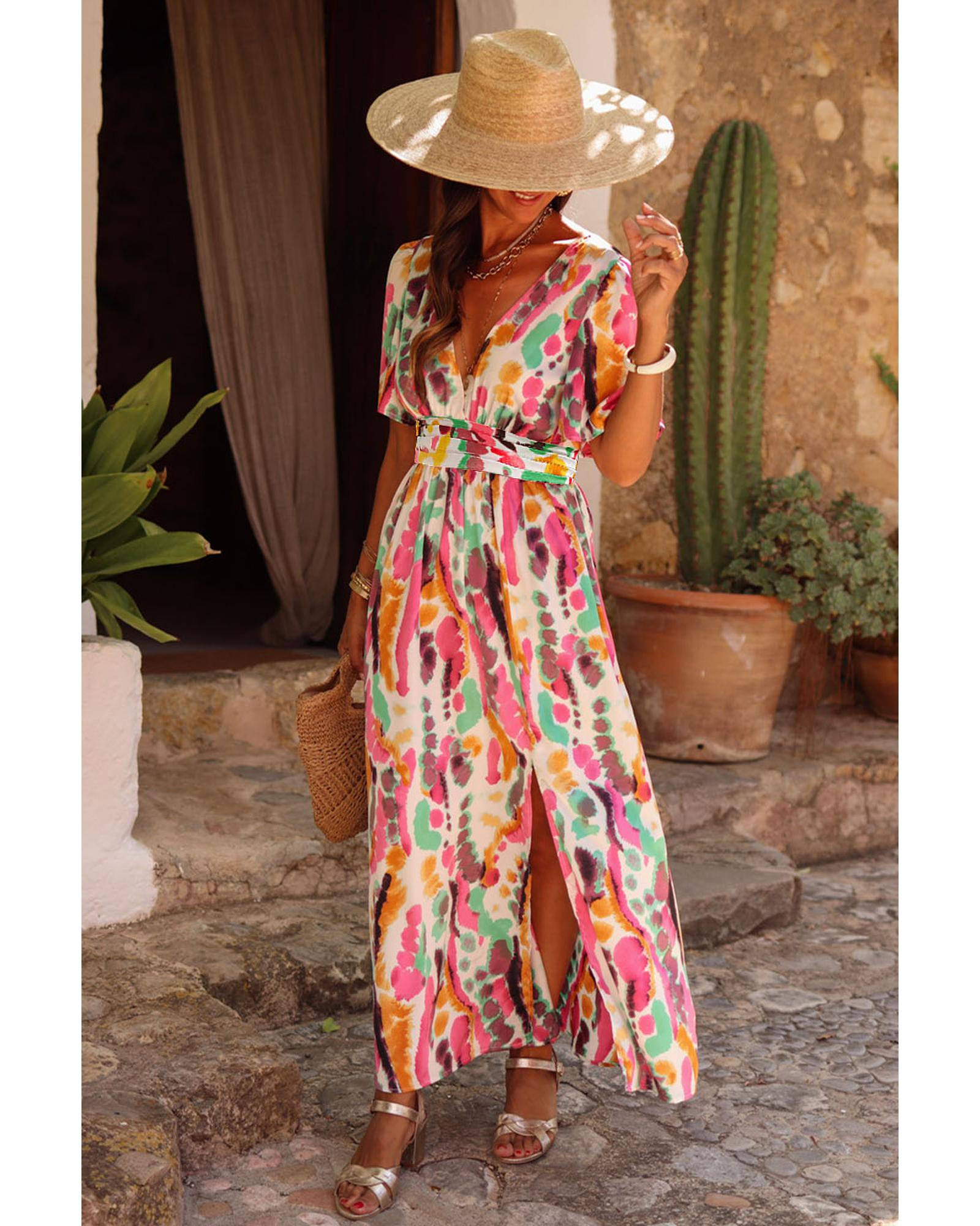 Pink Boho Tie-dye Print V Neck Maxi Dress - S