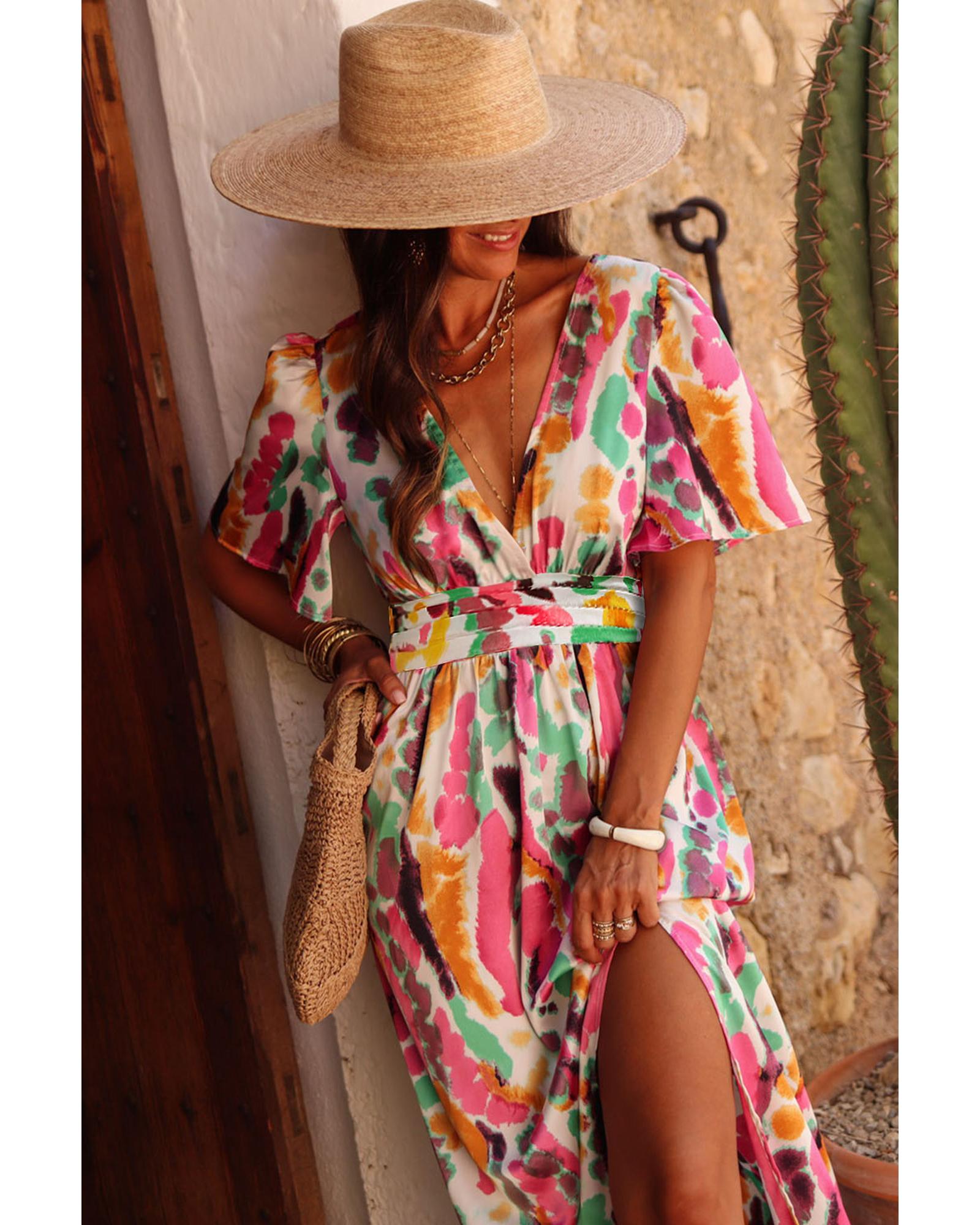 Pink Boho Tie-dye Print V Neck Maxi Dress - S 5
