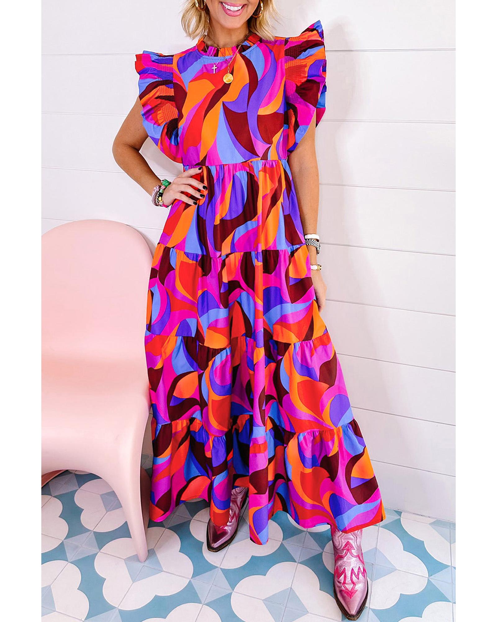 Orange Abstract Printed High Waist Ruffle Tiered Long Dress - L 7