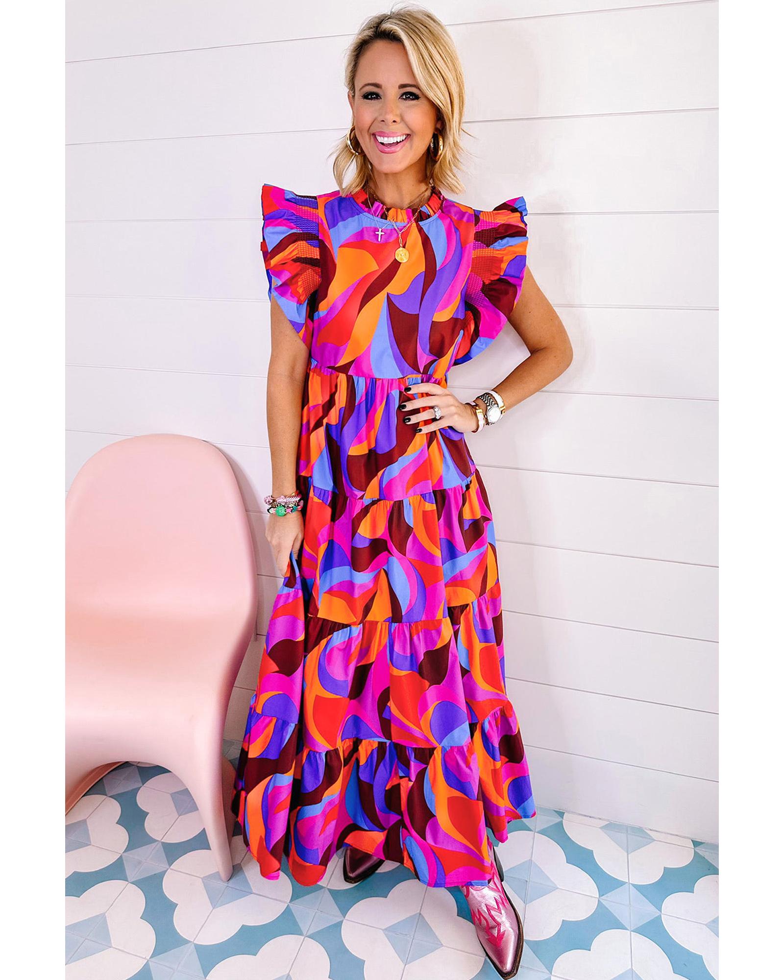 Orange Abstract Printed High Waist Ruffle Tiered Long Dress - S