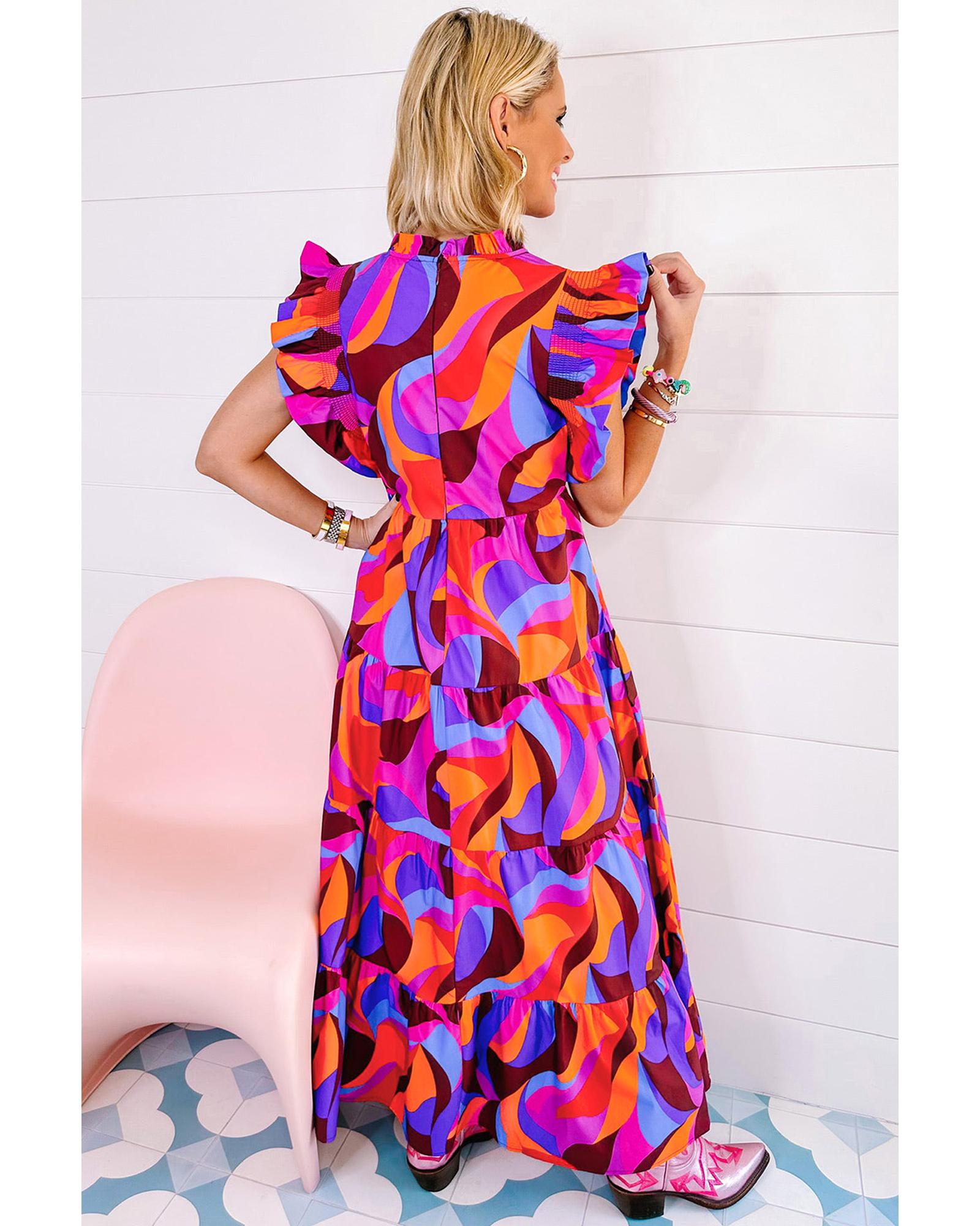 Orange Abstract Printed High Waist Ruffle Tiered Long Dress - S