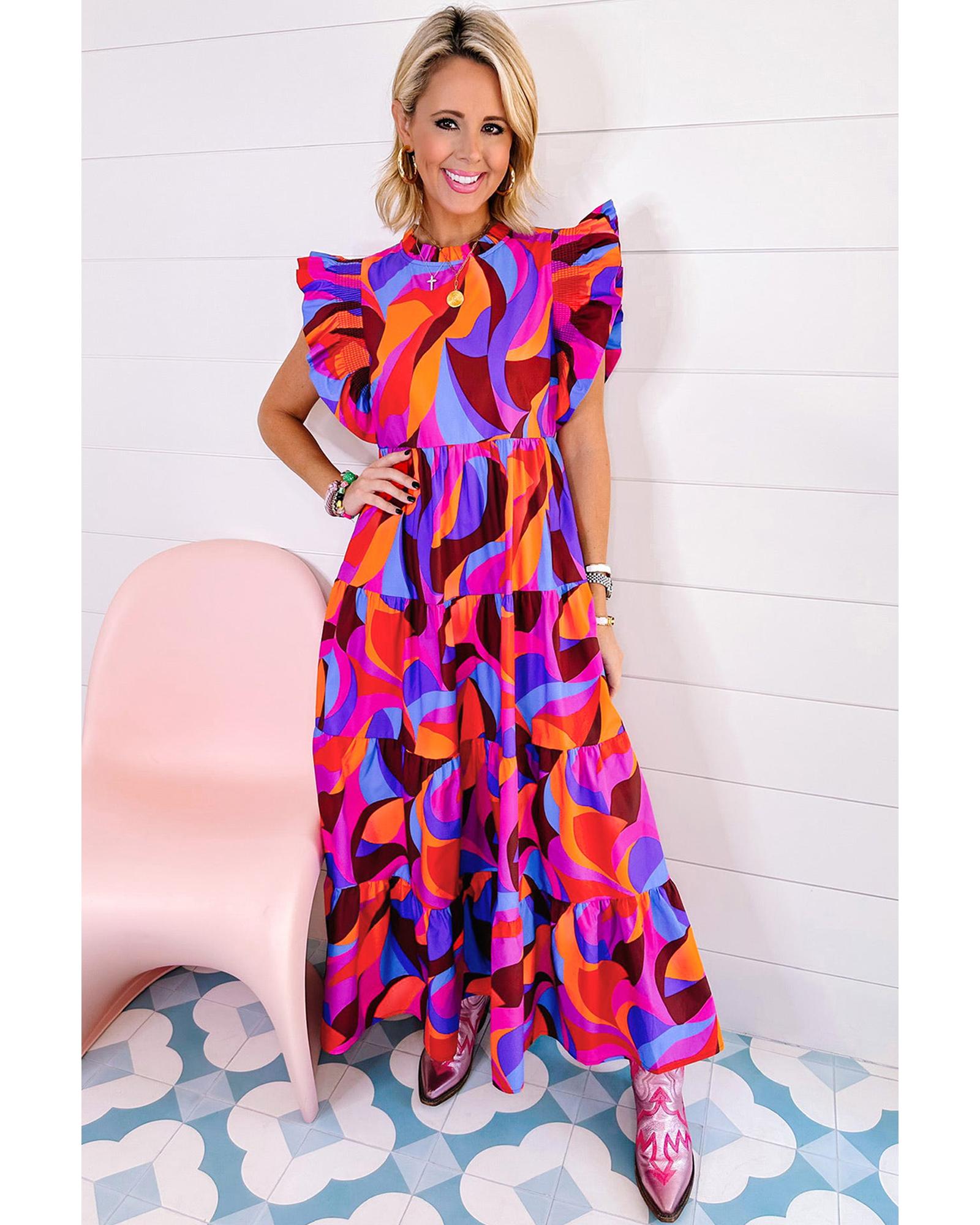 Orange Abstract Printed High Waist Ruffle Tiered Long Dress - S 3