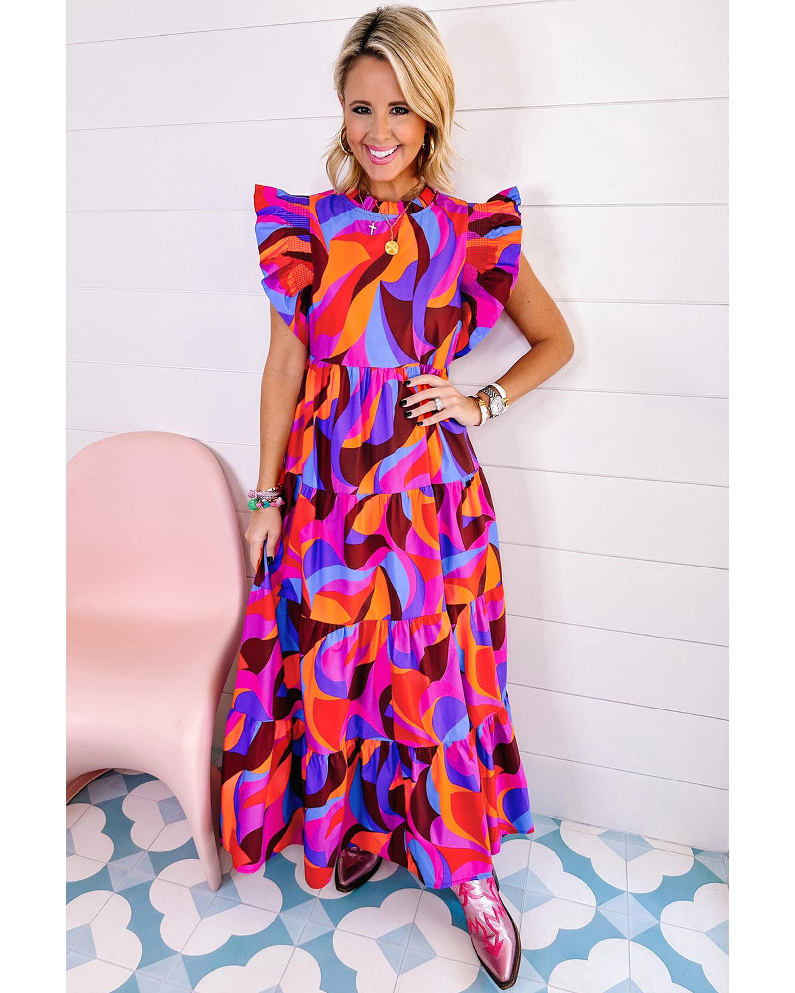 Orange Abstract Printed High Waist Ruffle Tiered Long Dress - S 5