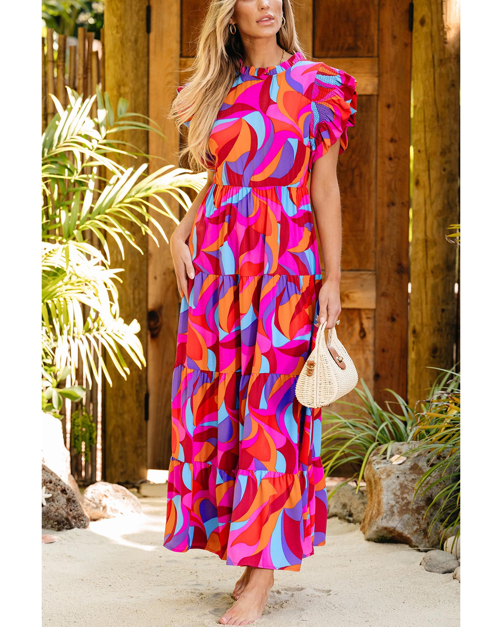 Orange Abstract Printed High Waist Ruffle Tiered Long Dress - S 7