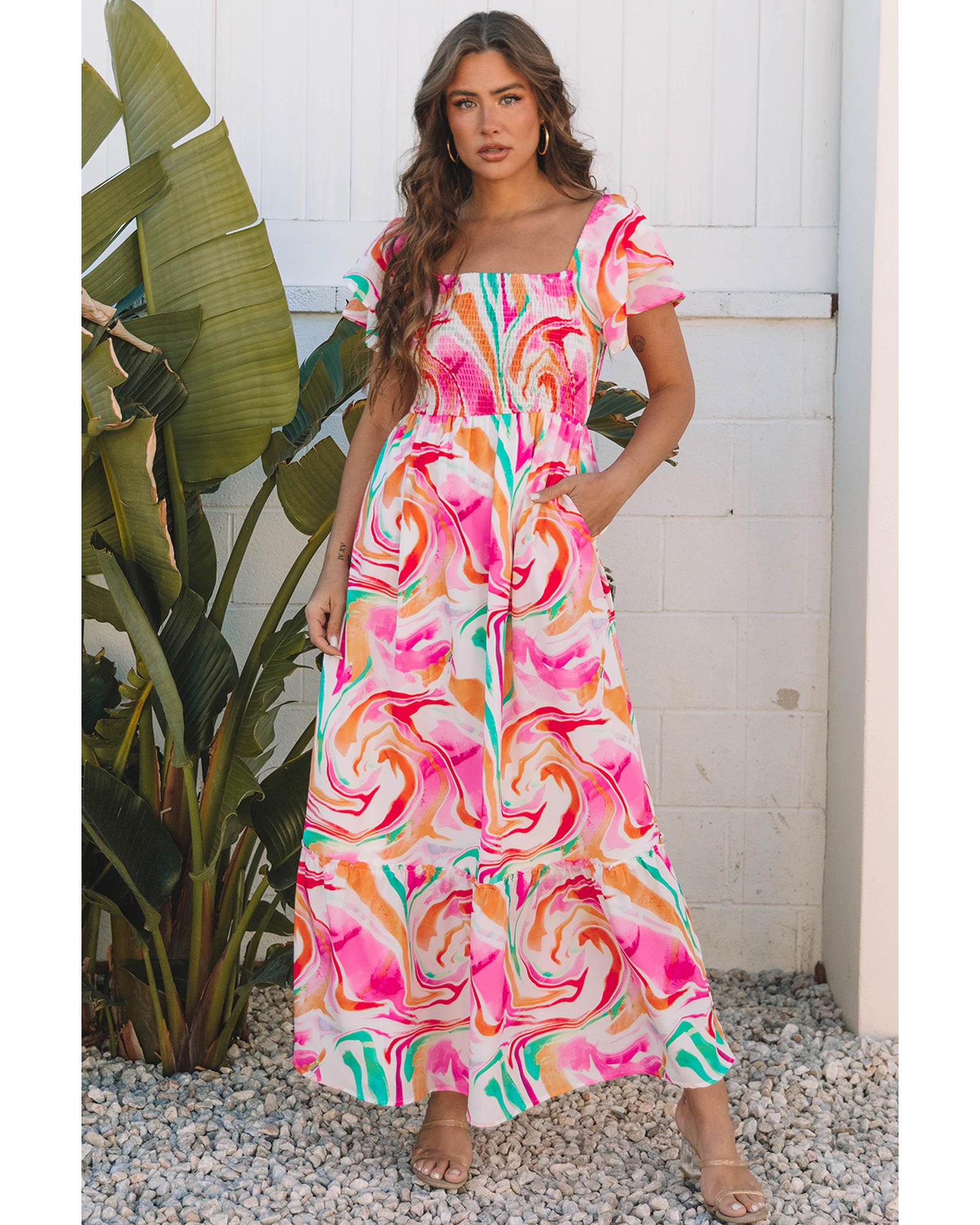Pink Abstract Print Ruffled Sleeve Smocked Bust Maxi Dress - S