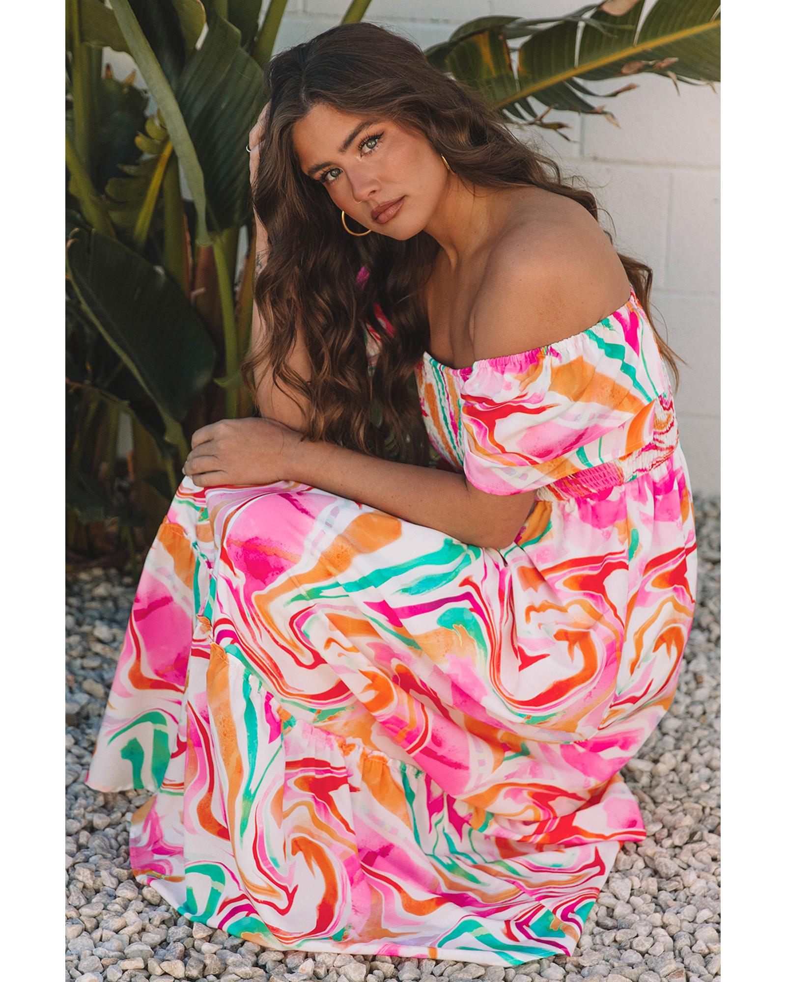 Pink Abstract Print Ruffled Sleeve Smocked Bust Maxi Dress - S 3