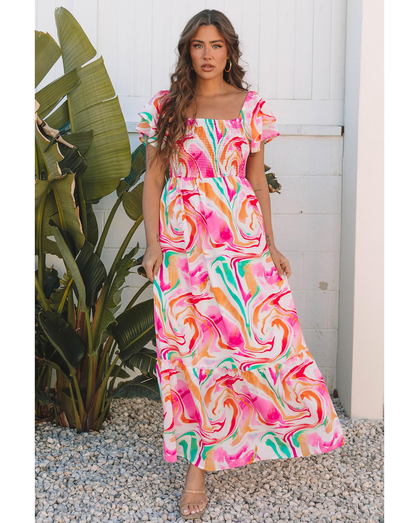 Pink Abstract Print Ruffled Sleeve Smocked Bust Maxi Dress - S 4