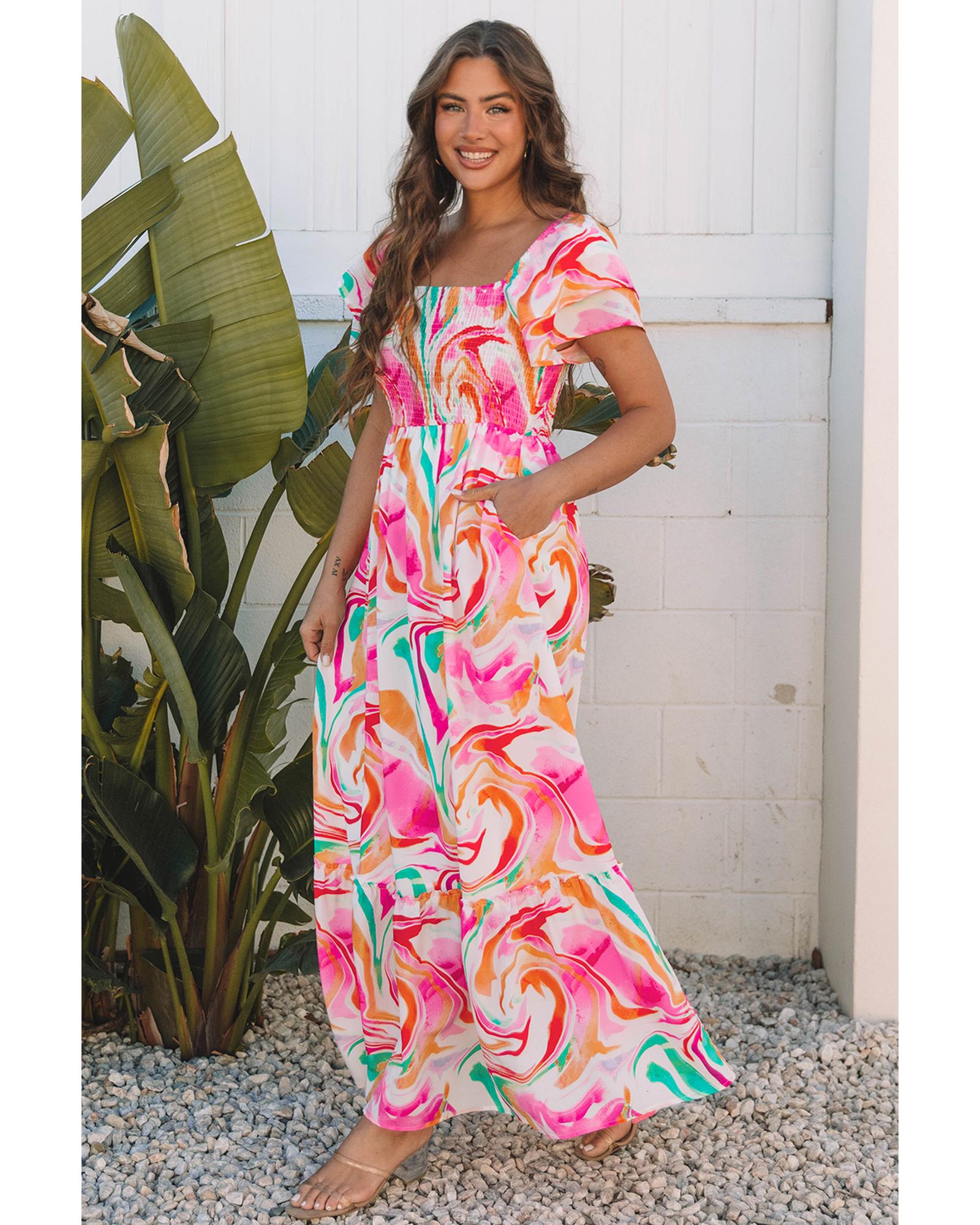 Pink Abstract Print Ruffled Sleeve Smocked Bust Maxi Dress - S 5