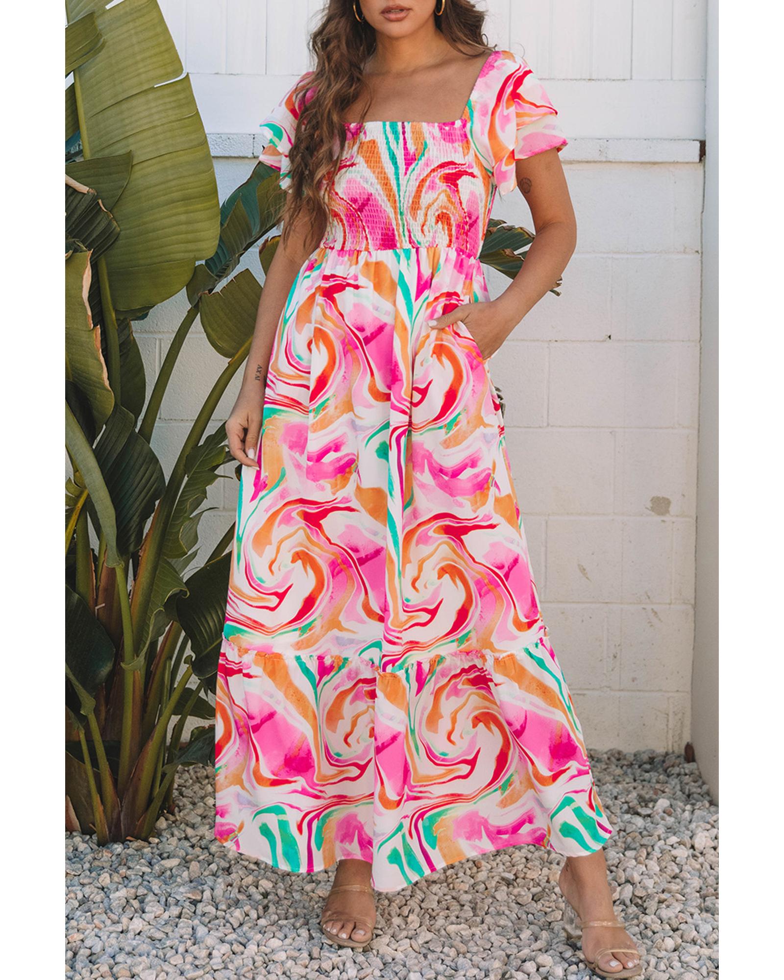 Pink Abstract Print Ruffled Sleeve Smocked Bust Maxi Dress - S 6