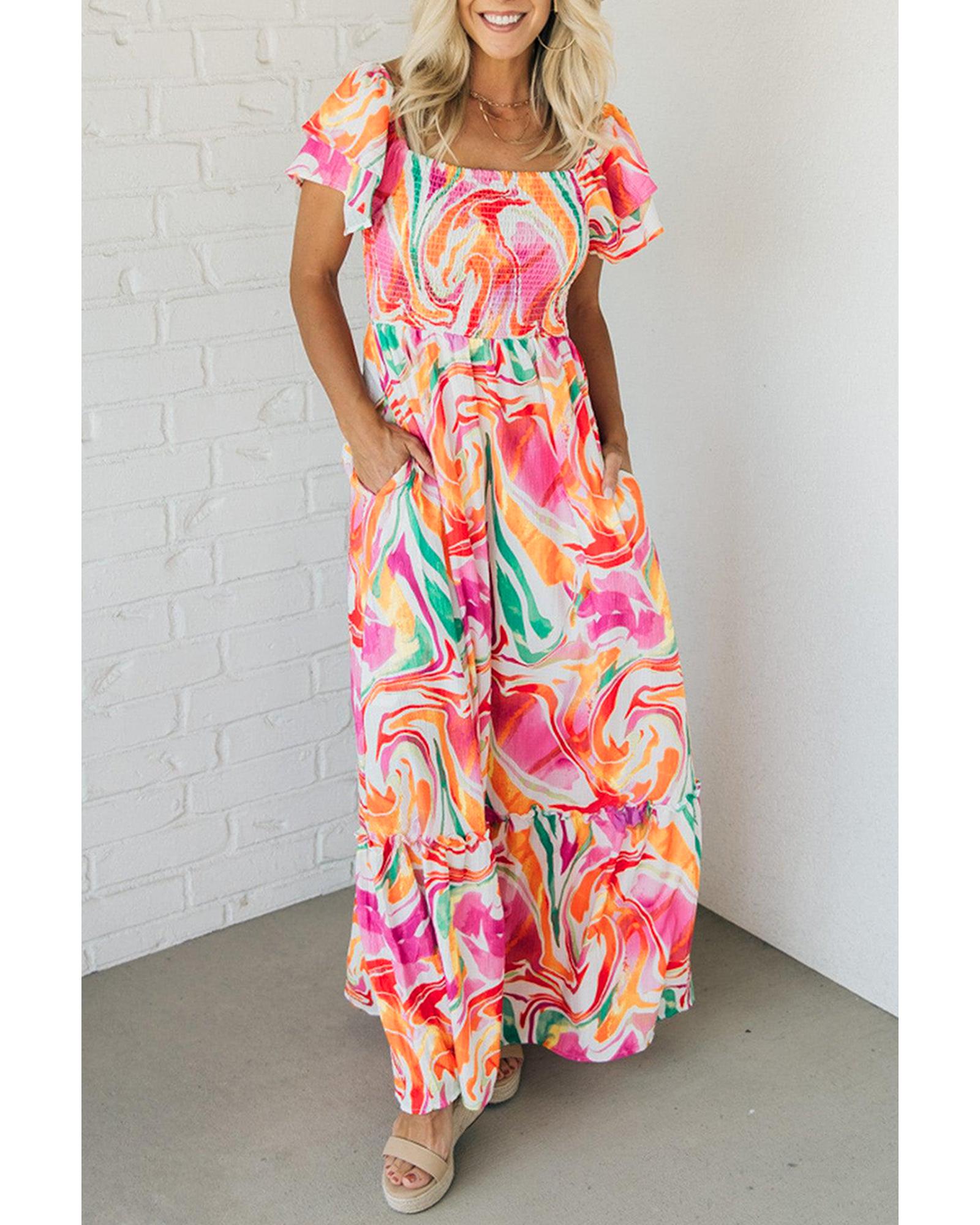 Pink Abstract Print Ruffled Sleeve Smocked Bust Maxi Dress - S 7