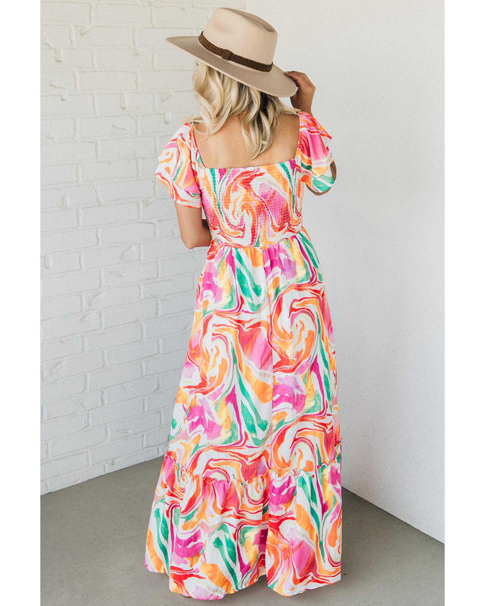 Pink Abstract Print Ruffled Sleeve Smocked Bust Maxi Dress - S 8