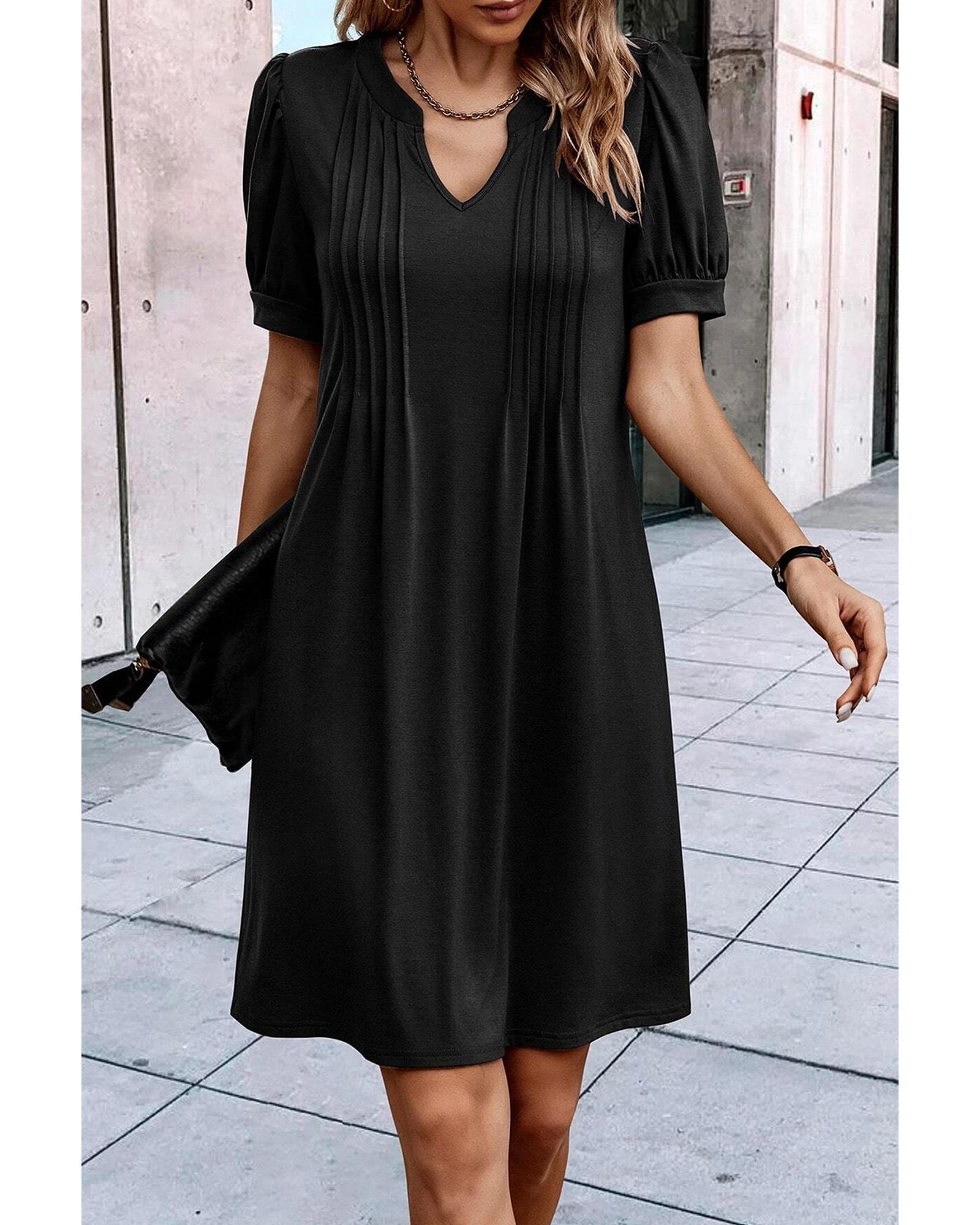 Black Notched Neck Pleated Puff Sleeve Shift T-shirt Dress - S
