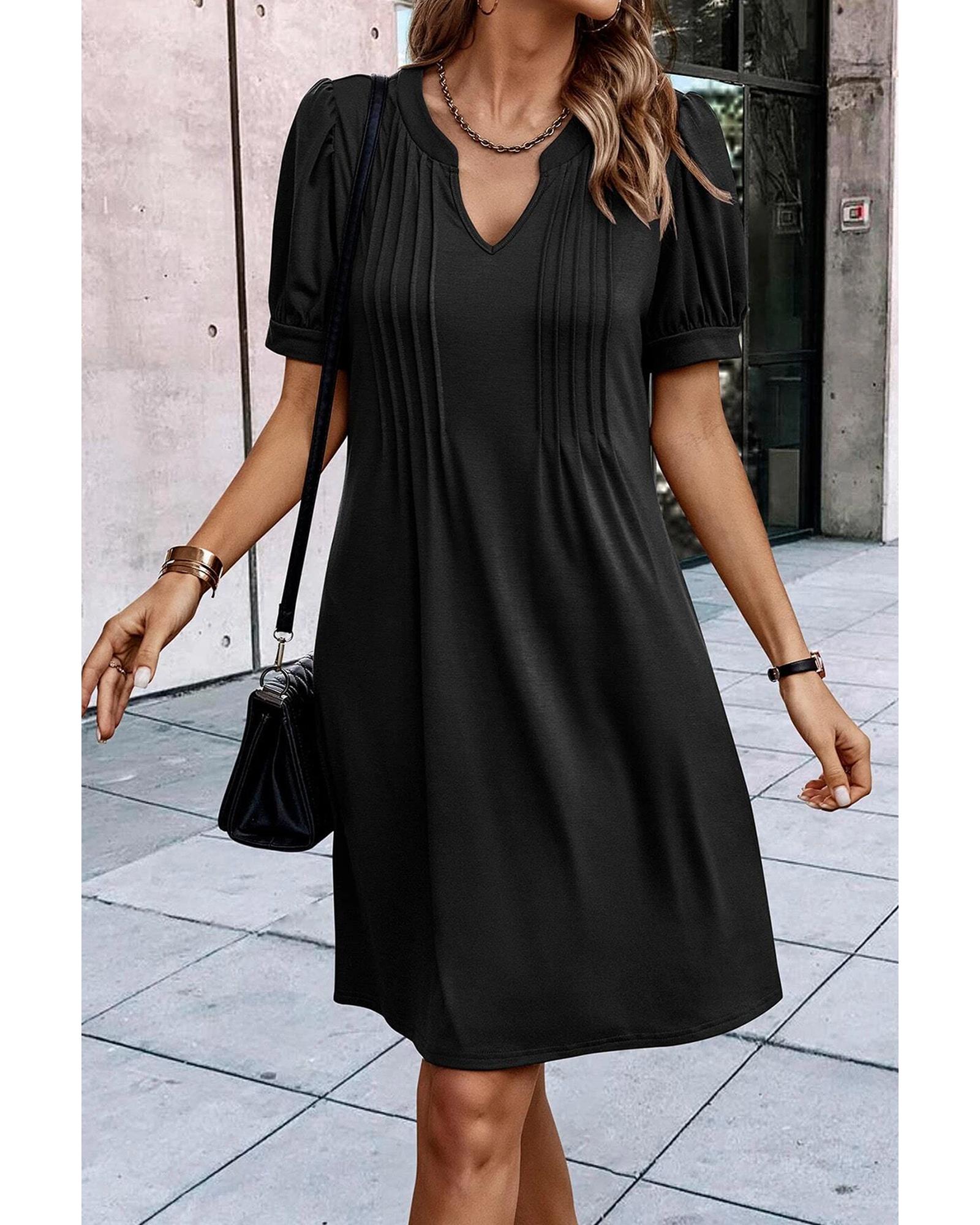Black Notched Neck Pleated Puff Sleeve Shift T-shirt Dress - S 3