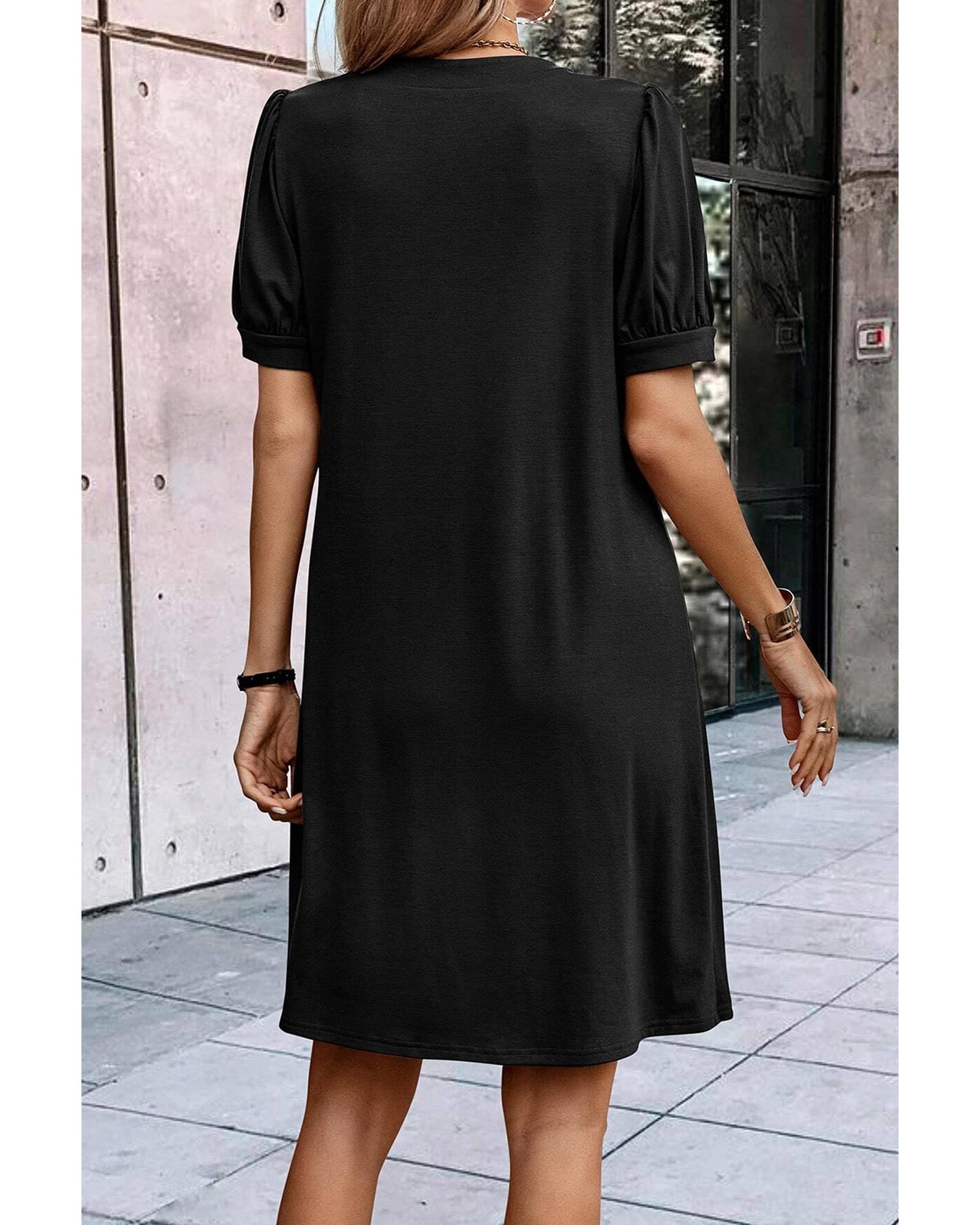Black Notched Neck Pleated Puff Sleeve Shift T-shirt Dress - S 4