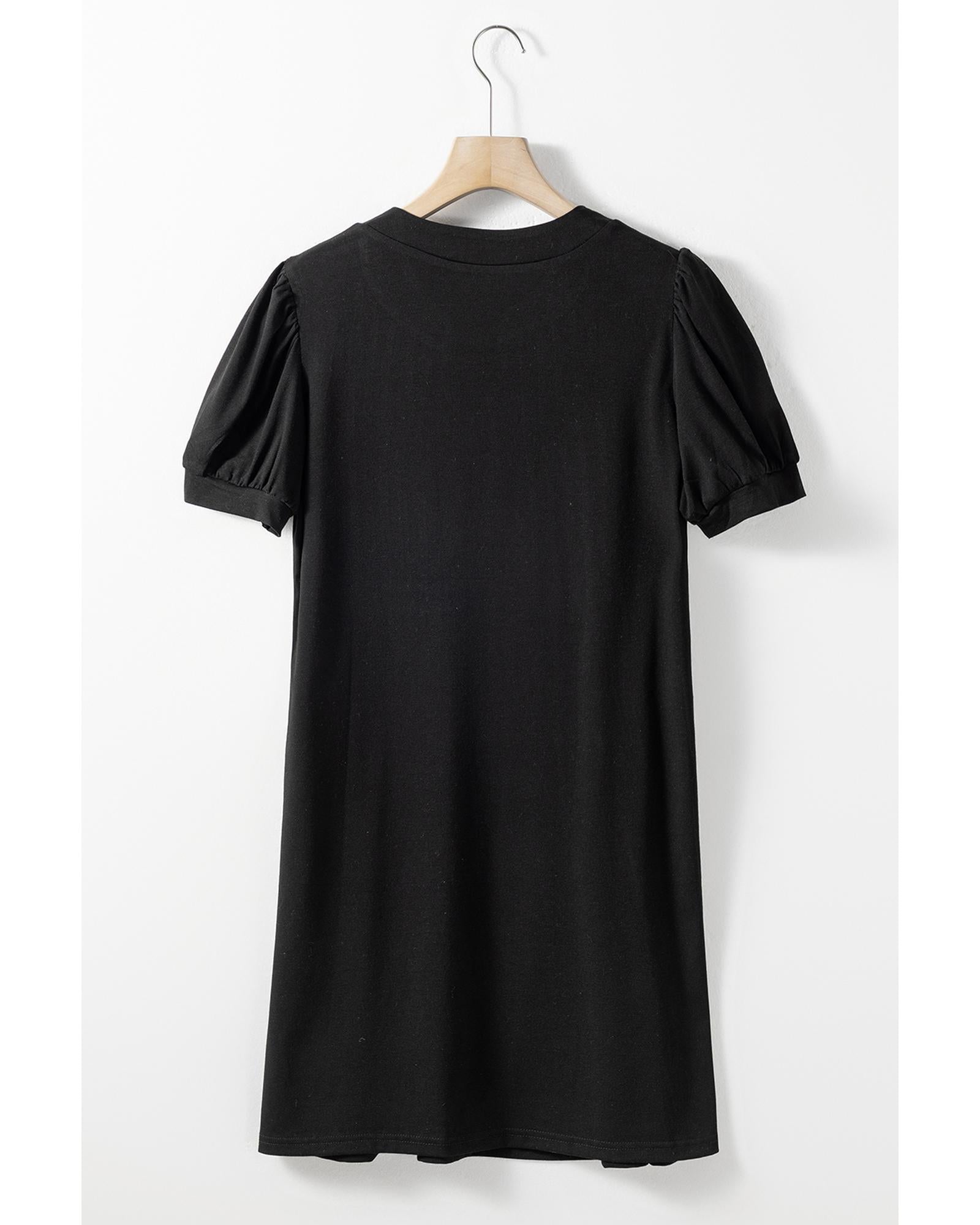 Black Notched Neck Pleated Puff Sleeve Shift T-shirt Dress - S 7