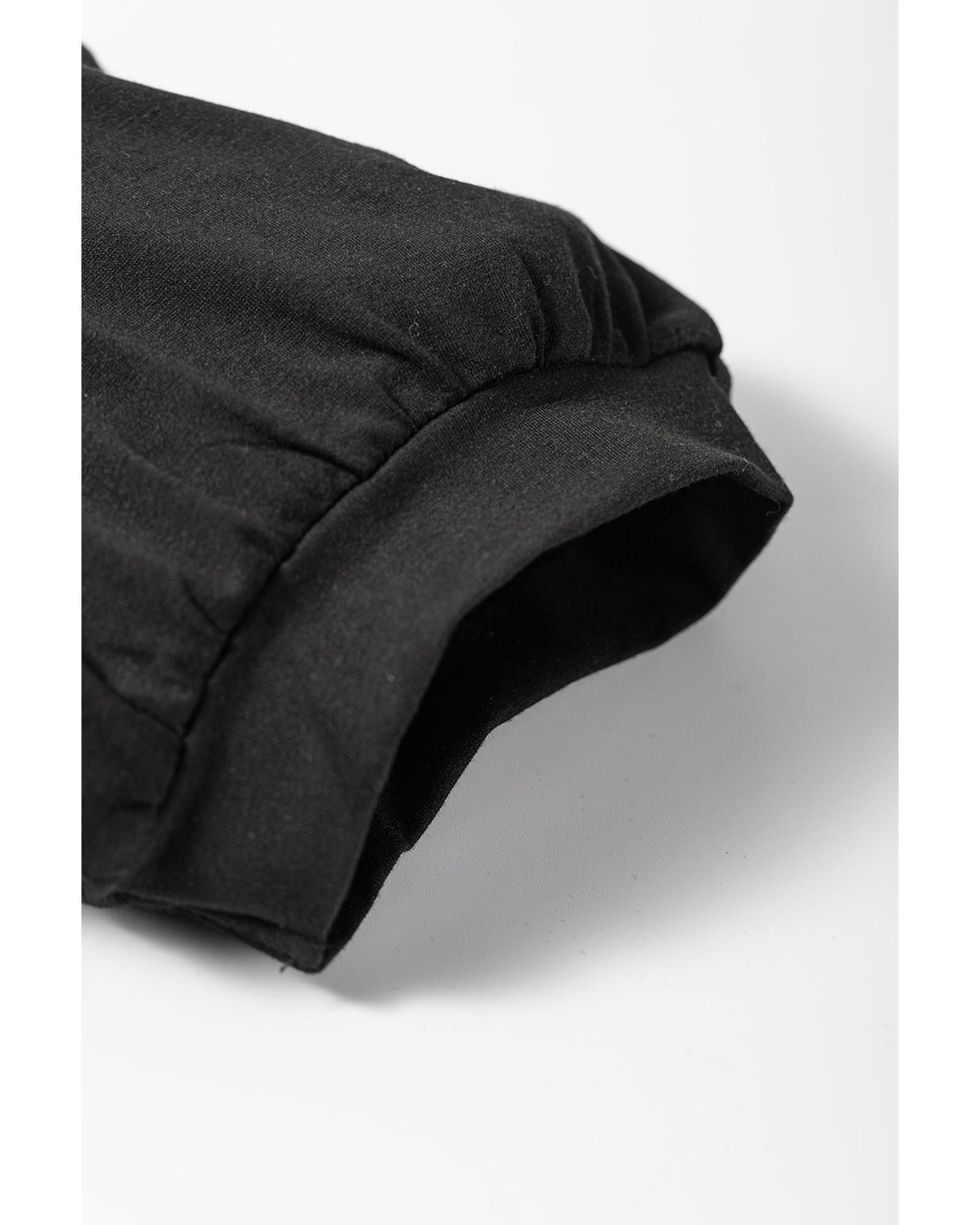 Black Notched Neck Pleated Puff Sleeve Shift T-shirt Dress - S 8