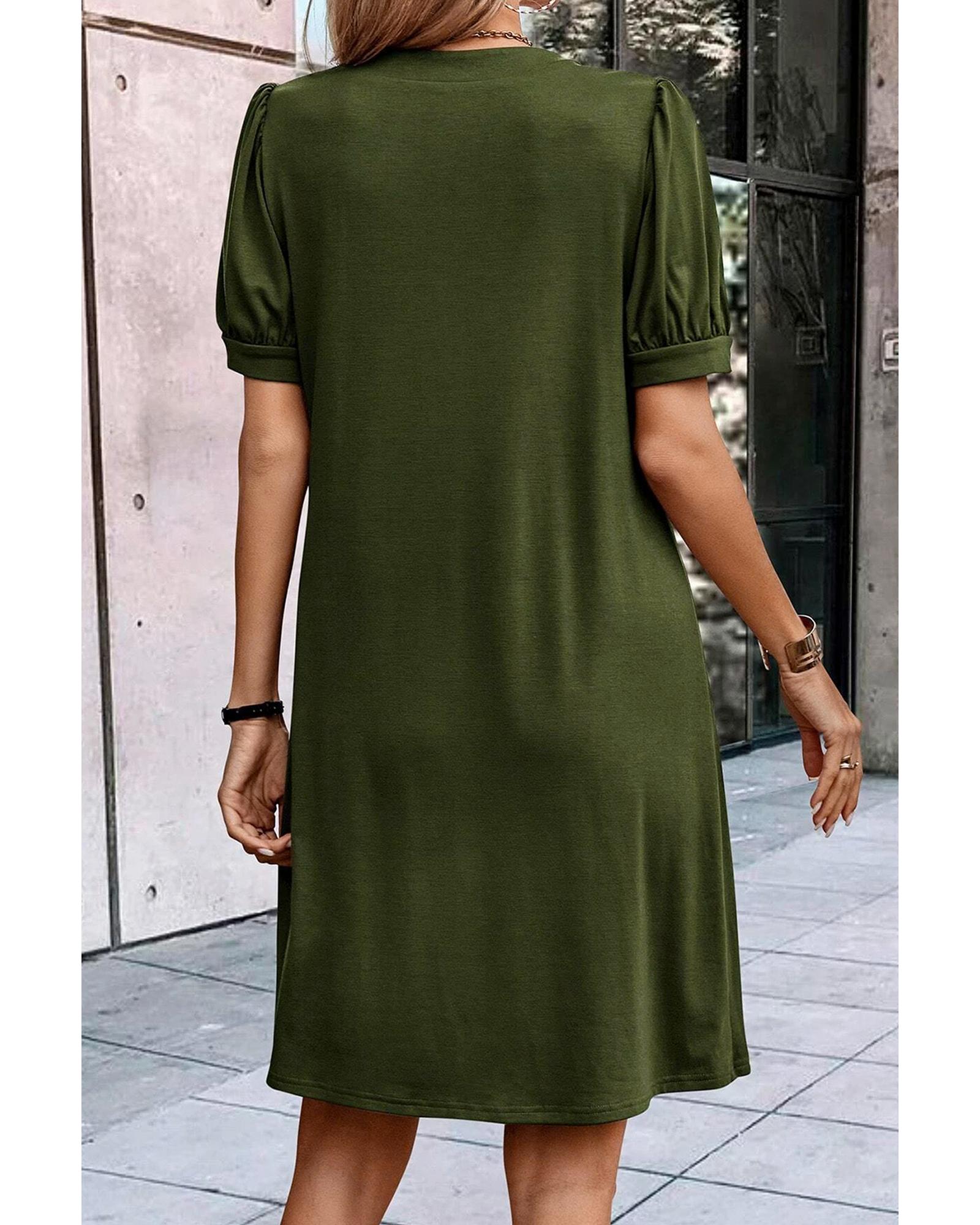 Fern Green Notched Neck Pleated Puff Sleeve Shift T-shirt Dress - S